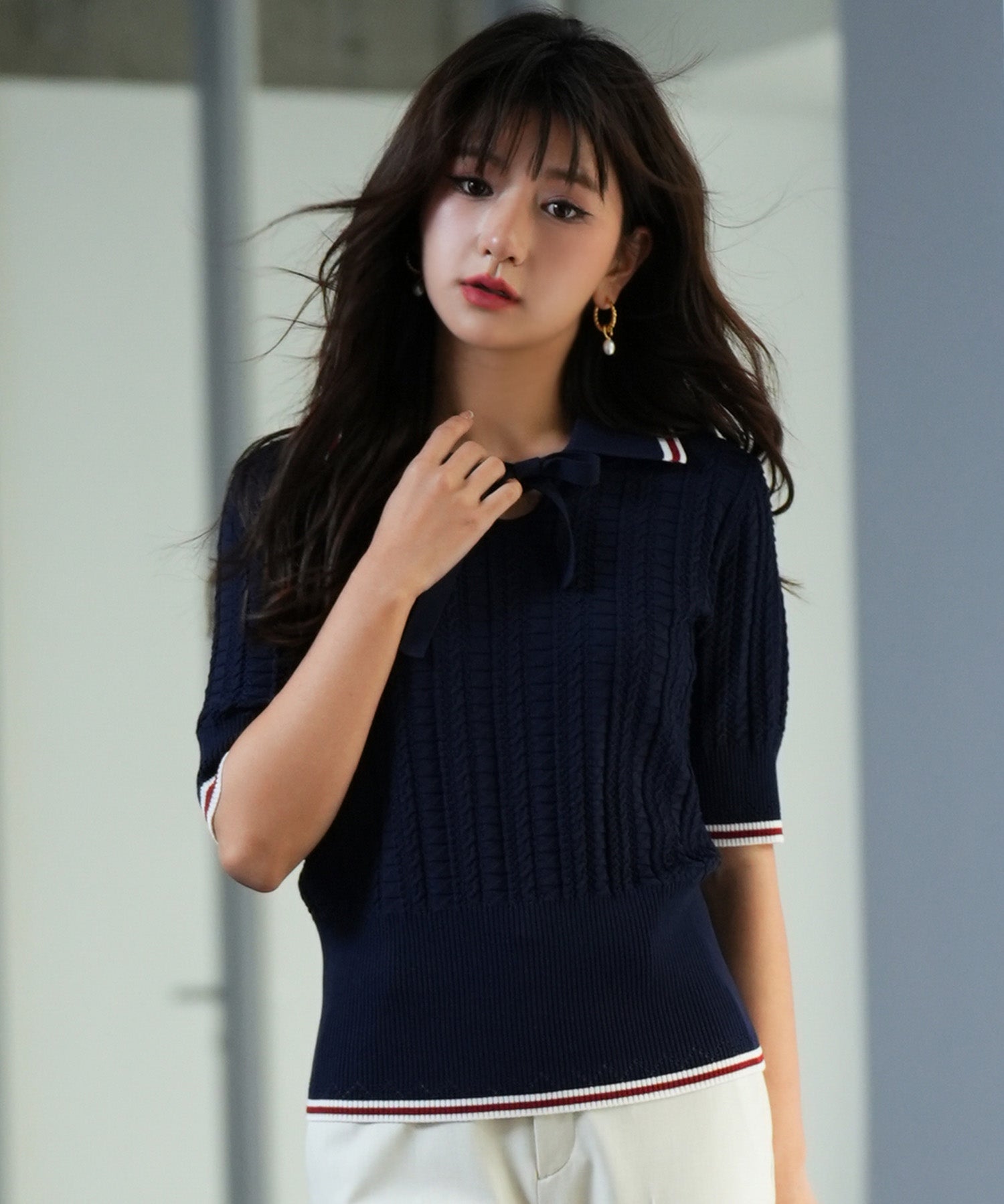 変形編みサマーニットプルオーバーsdpxyf2809 ネイビー