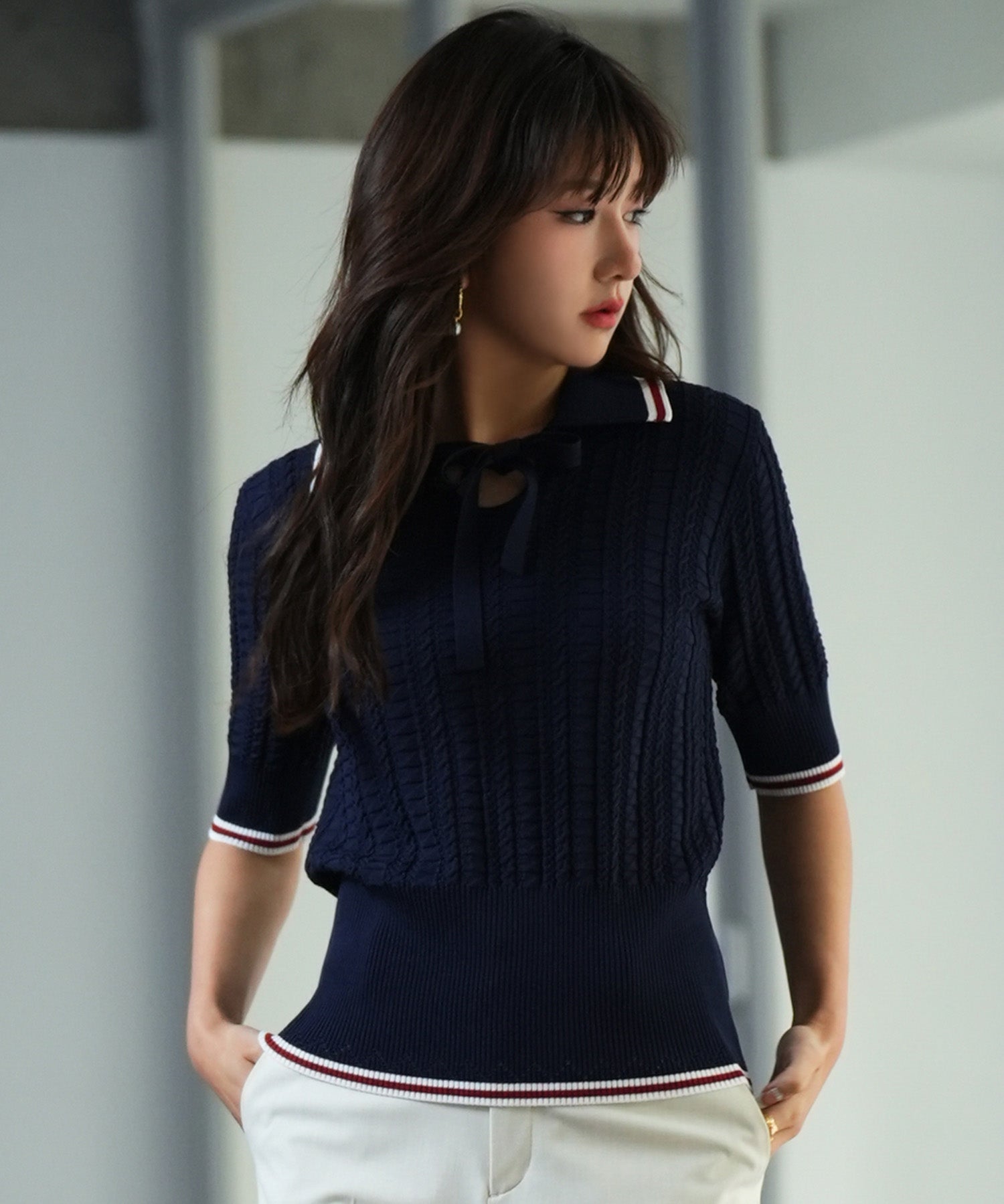 変形編みサマーニットプルオーバーsdpxyf2809 ネイビー