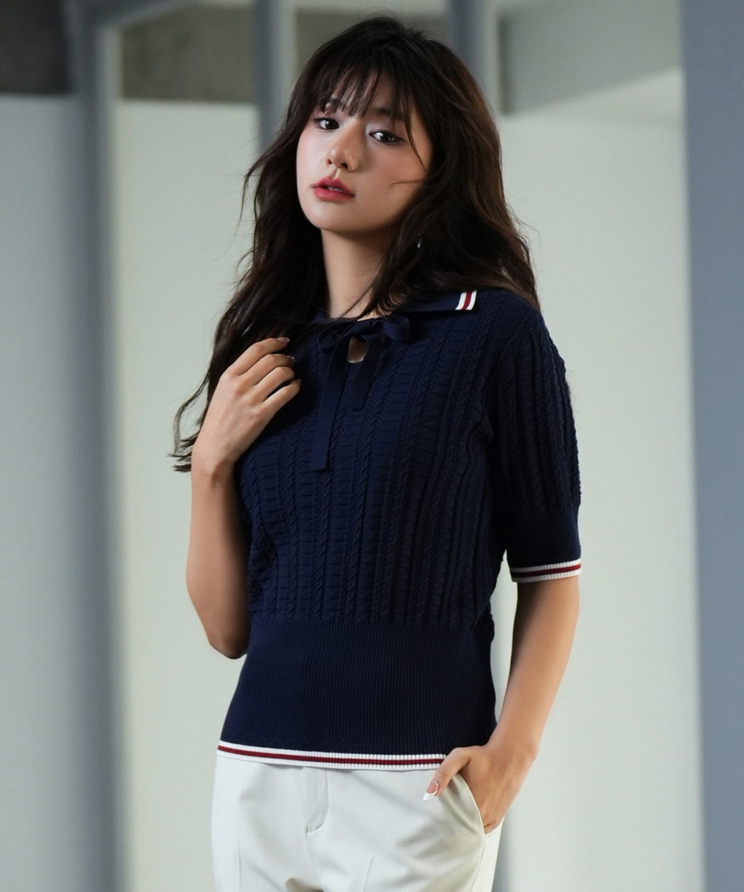 変形編みサマーニットプルオーバーsdpxyf2809 ネイビー