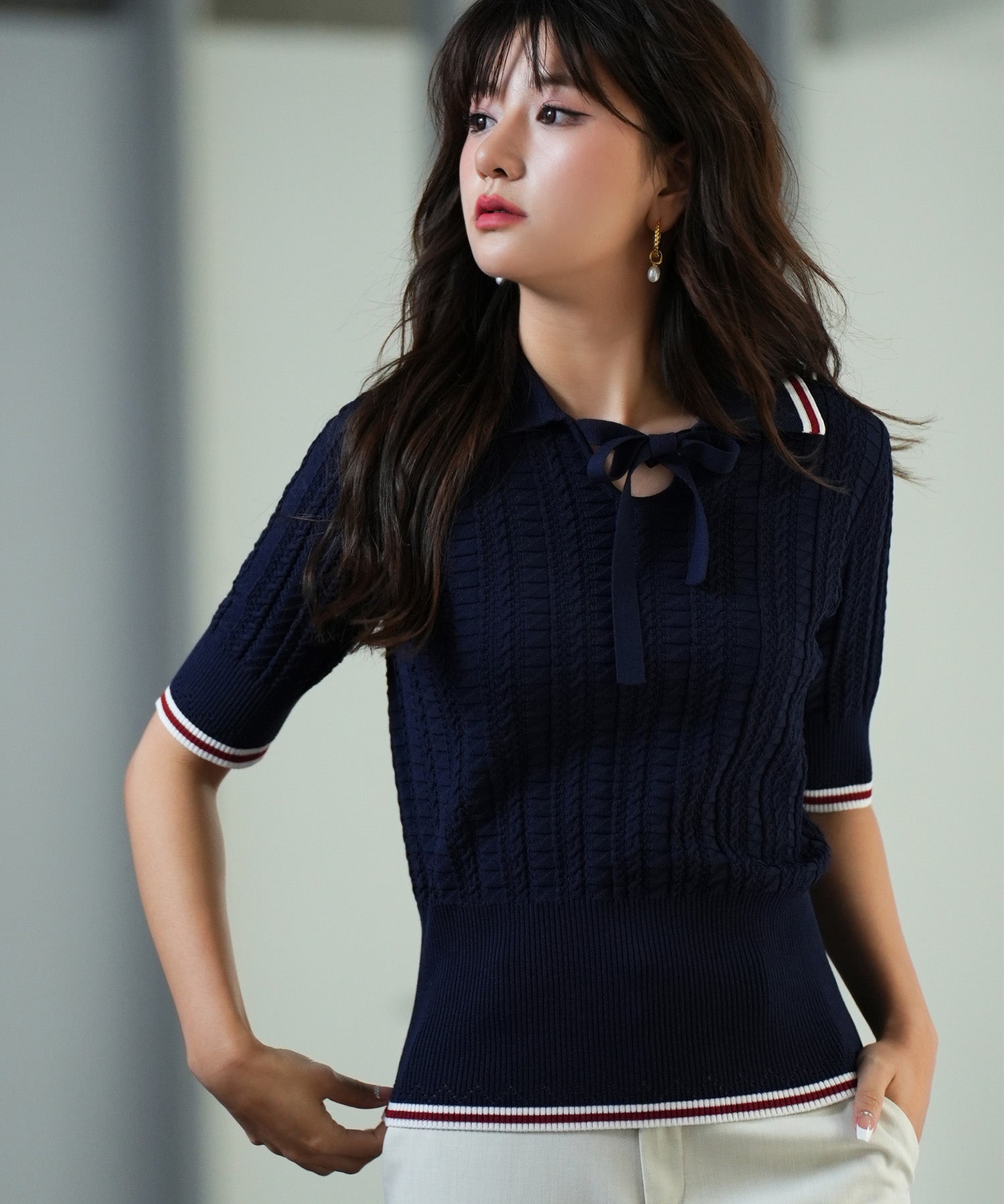 変形編みサマーニットプルオーバーsdpxyf2809 ネイビー