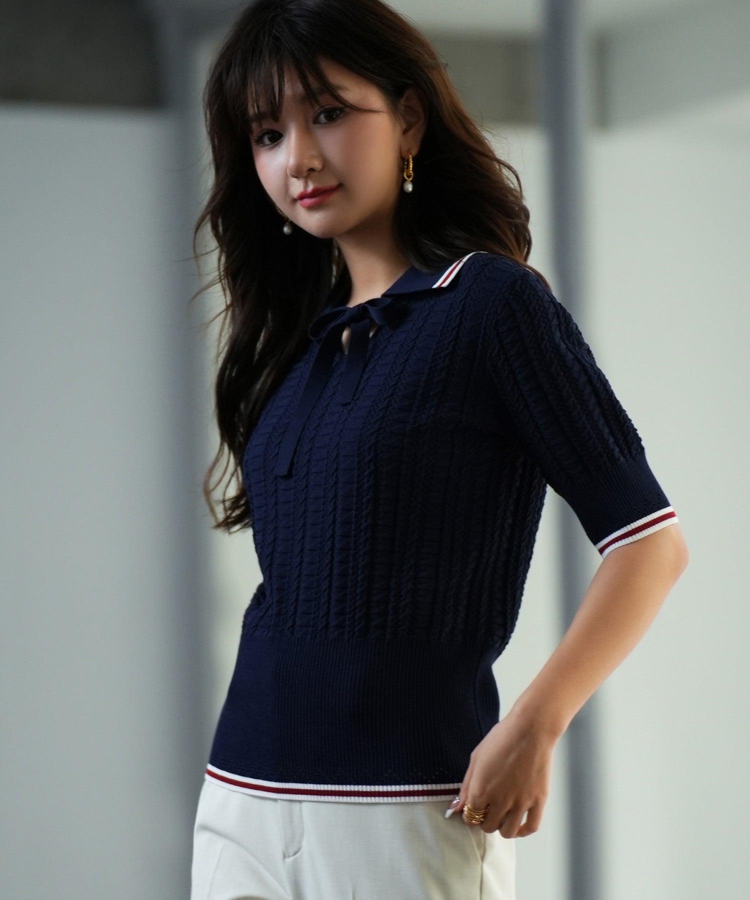 変形編みサマーニットプルオーバーsdpxyf2809 ネイビー