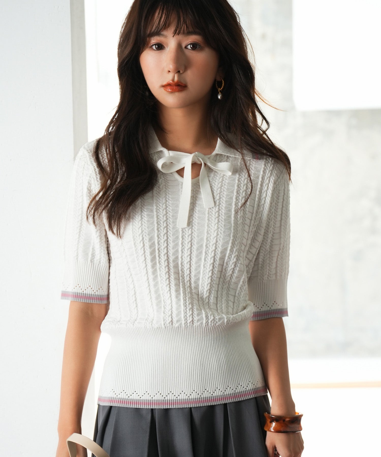 変形編みサマーニットプルオーバーsdpxyf2809 ホワイト