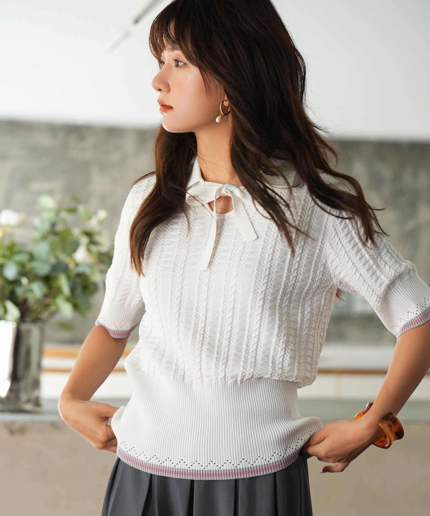 変形編みサマーニットプルオーバーsdpxyf2809 ホワイト