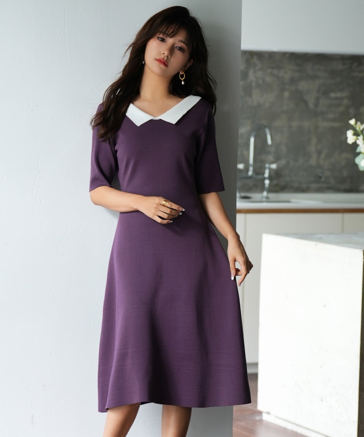 前後2way襟付きミモレ丈ニットワンピースsdpxyf2812 パープル