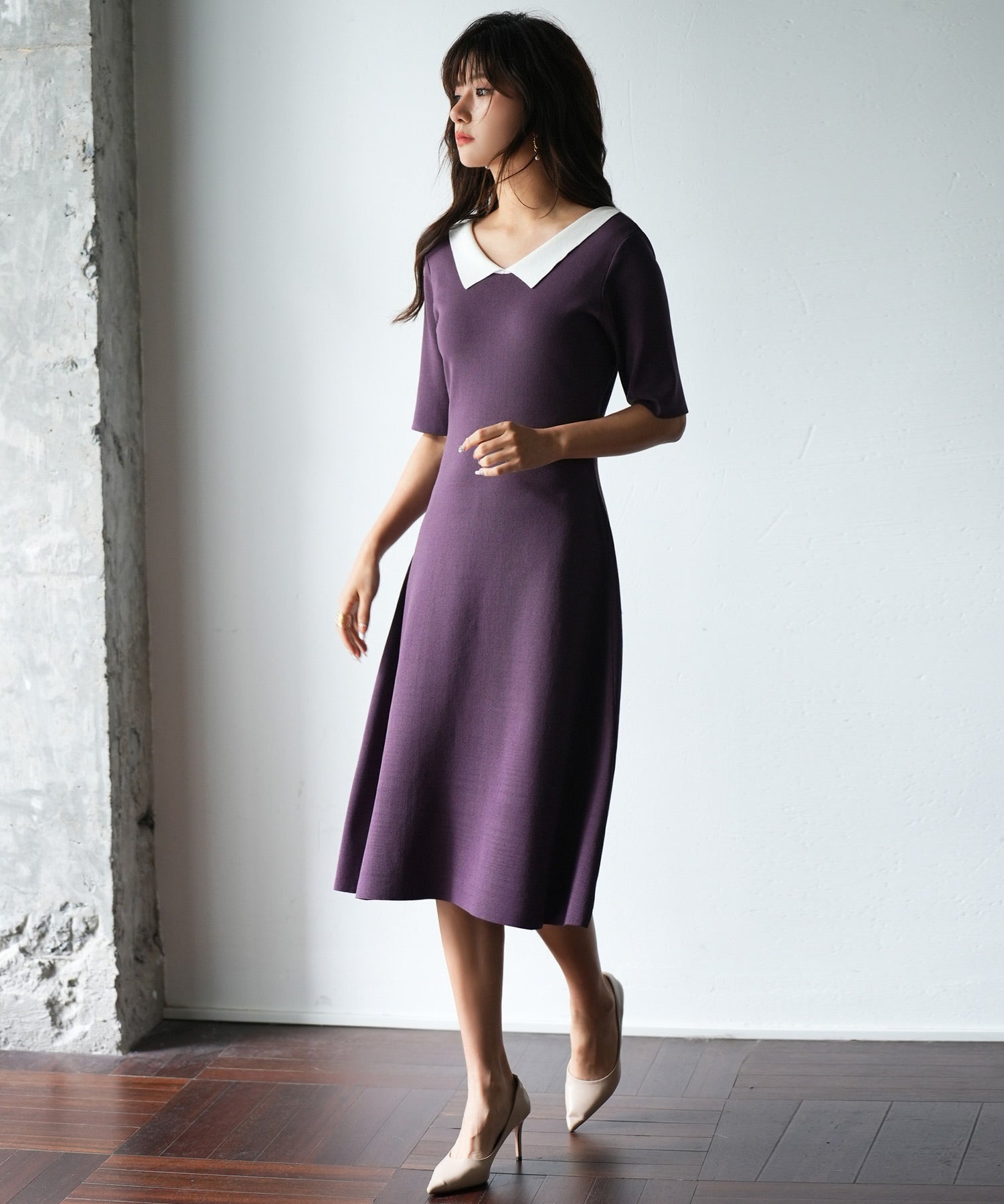 前後2way襟付きミモレ丈ニットワンピースsdpxyf2812 パープル