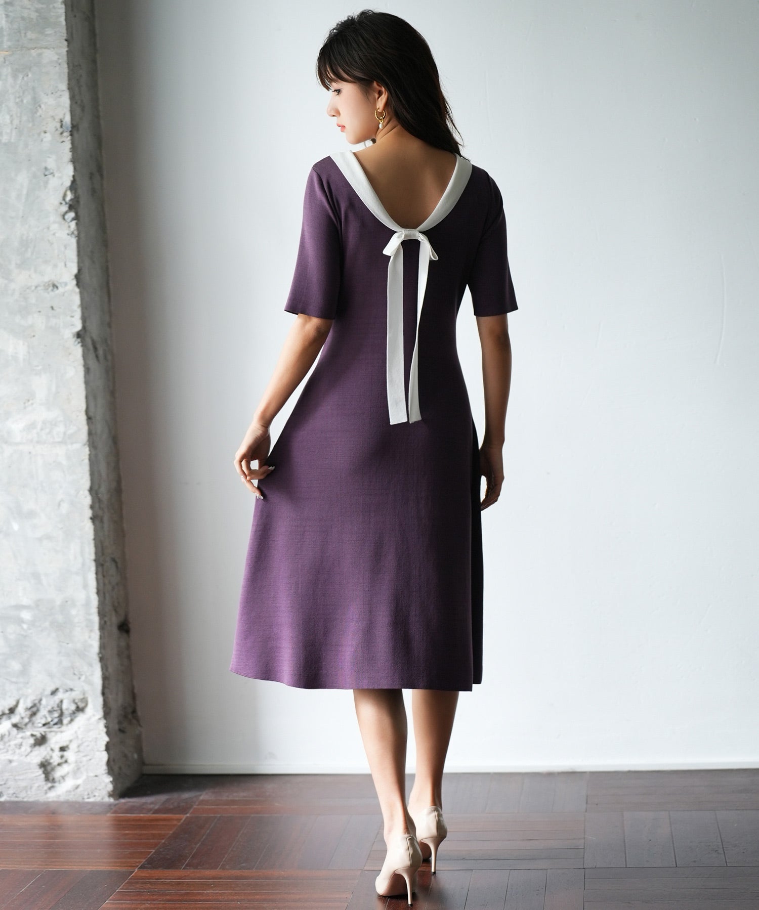 前後2way襟付きミモレ丈ニットワンピースsdpxyf2812 パープル