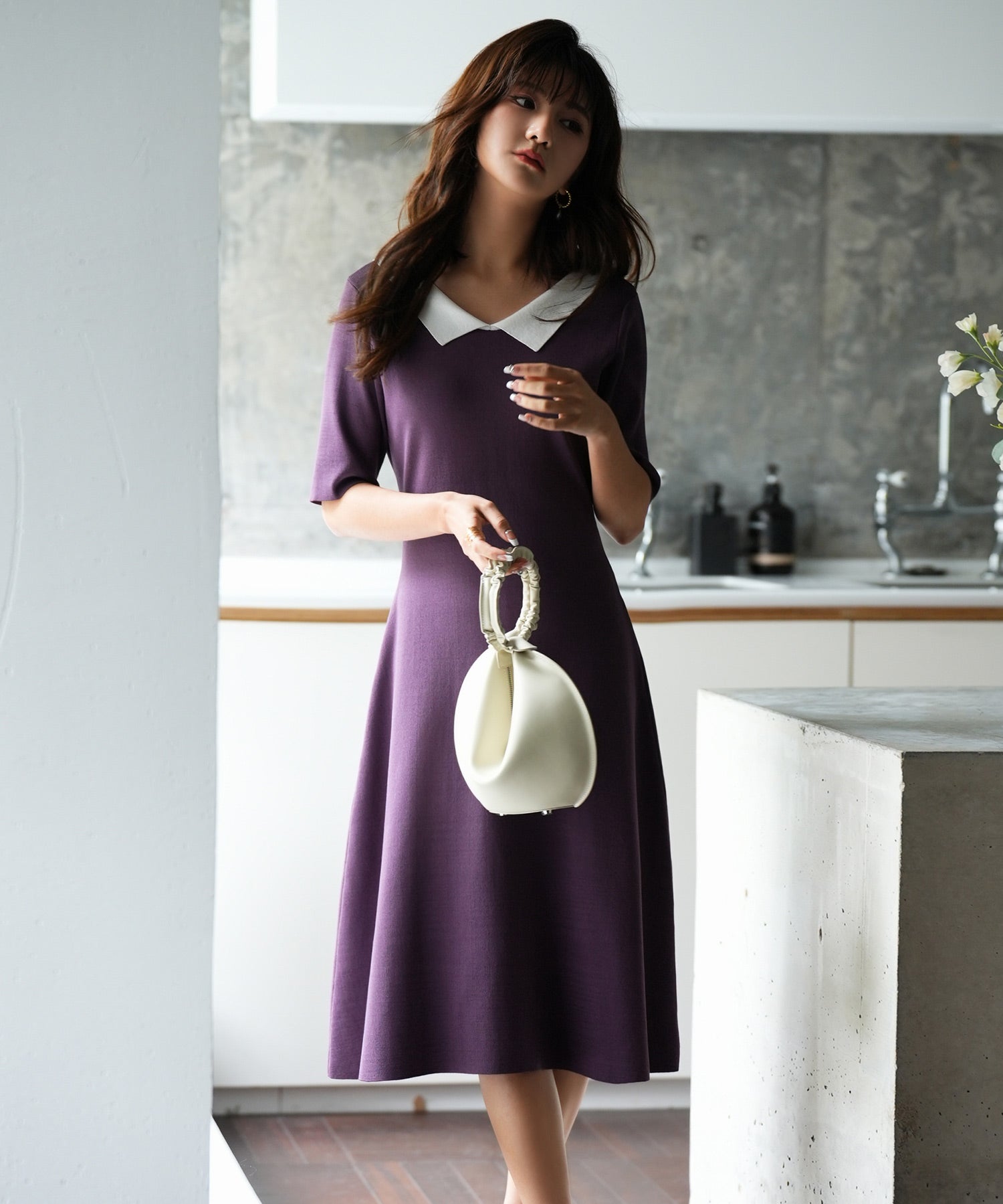 前後2way襟付きミモレ丈ニットワンピースsdpxyf2812 パープル