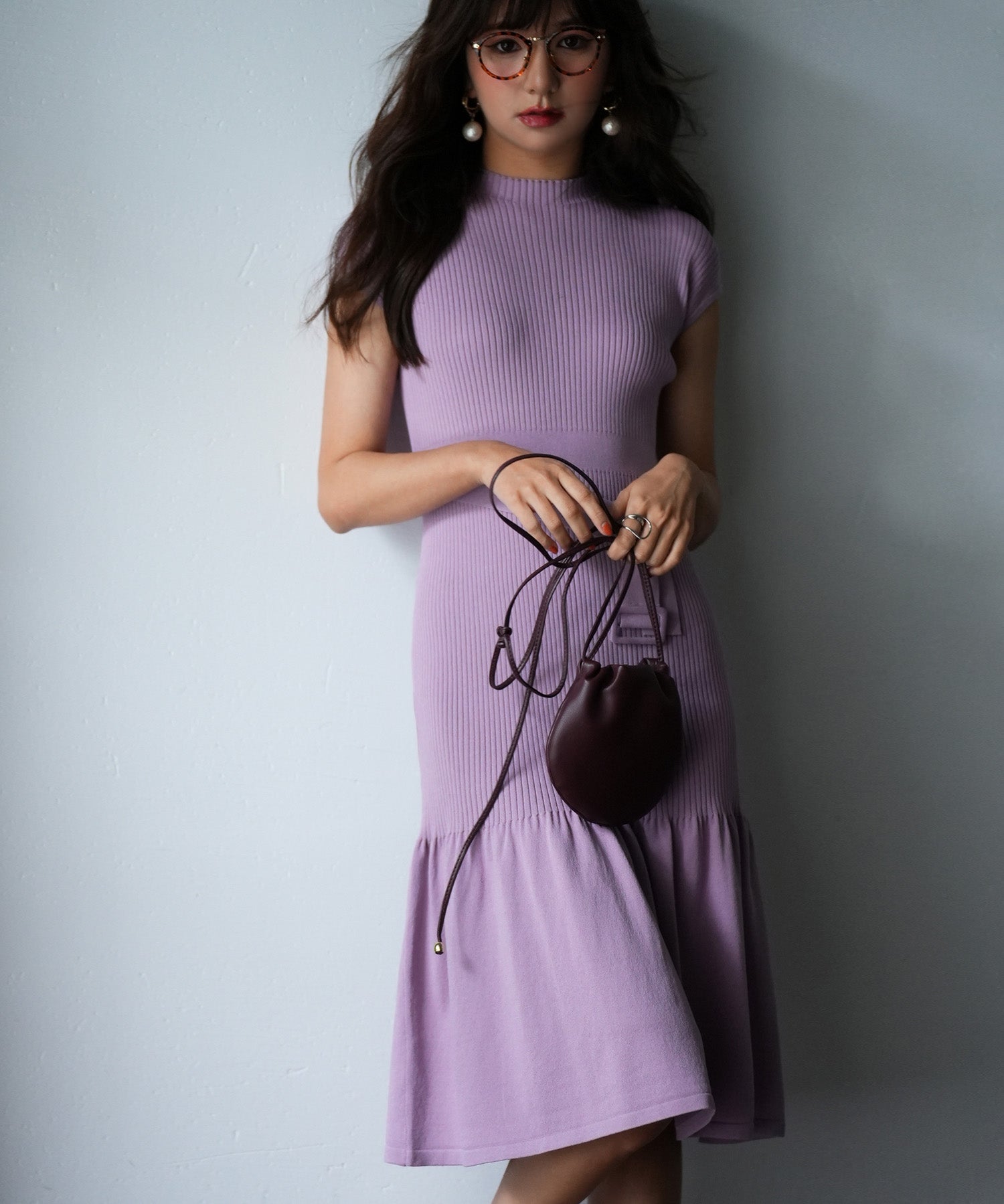 ベルト付きマーメイドニットワンピースsdpxyf2819 ラベンダー