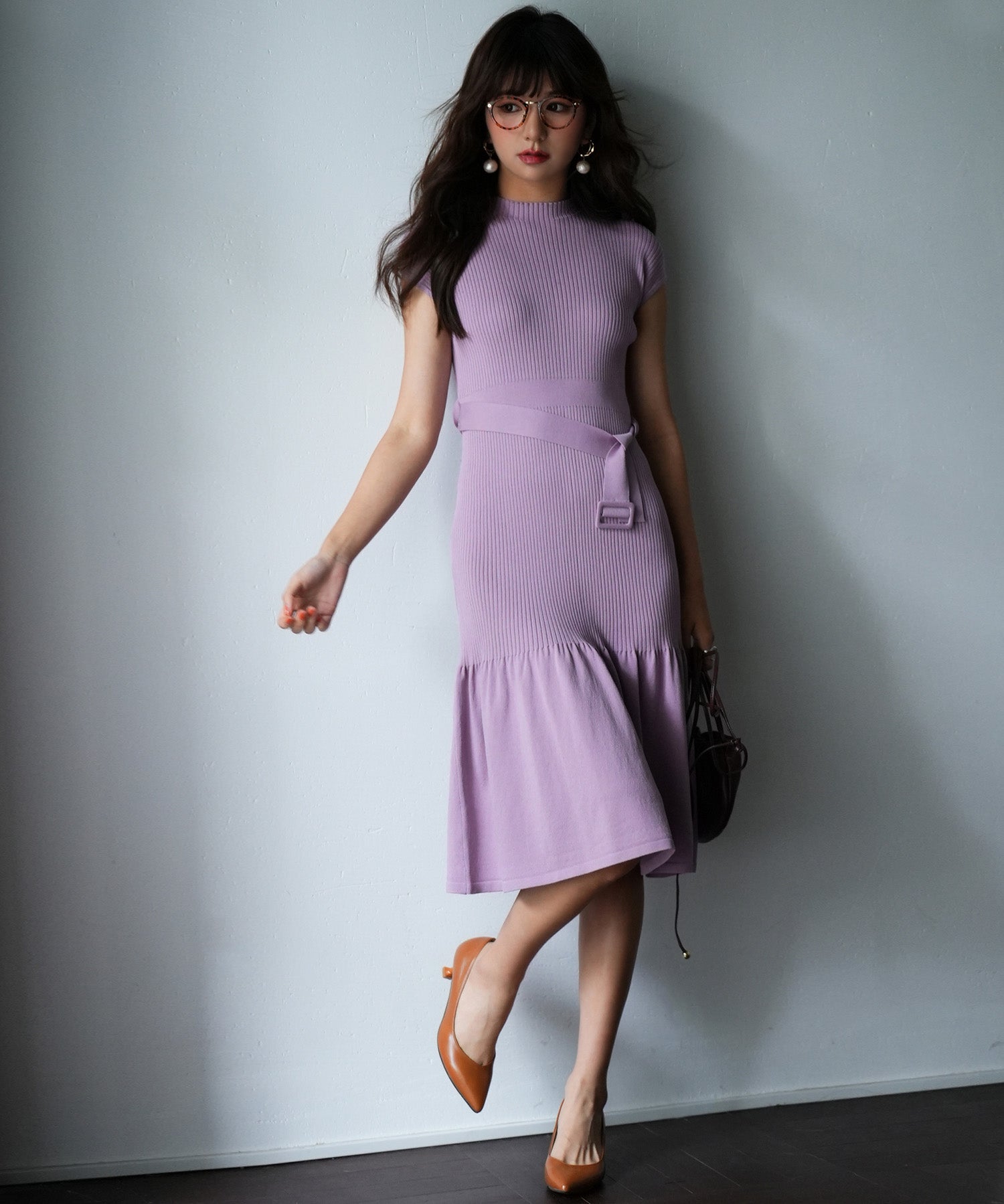 ベルト付きマーメイドニットワンピースsdpxyf2819 ラベンダー