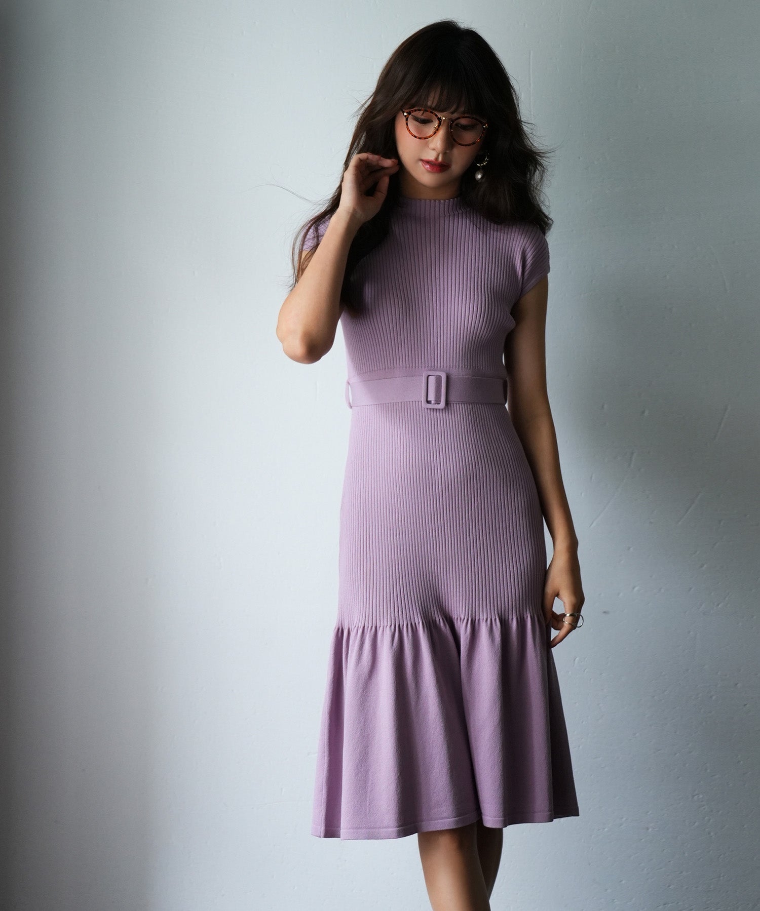 ベルト付きマーメイドニットワンピースsdpxyf2819 ラベンダー