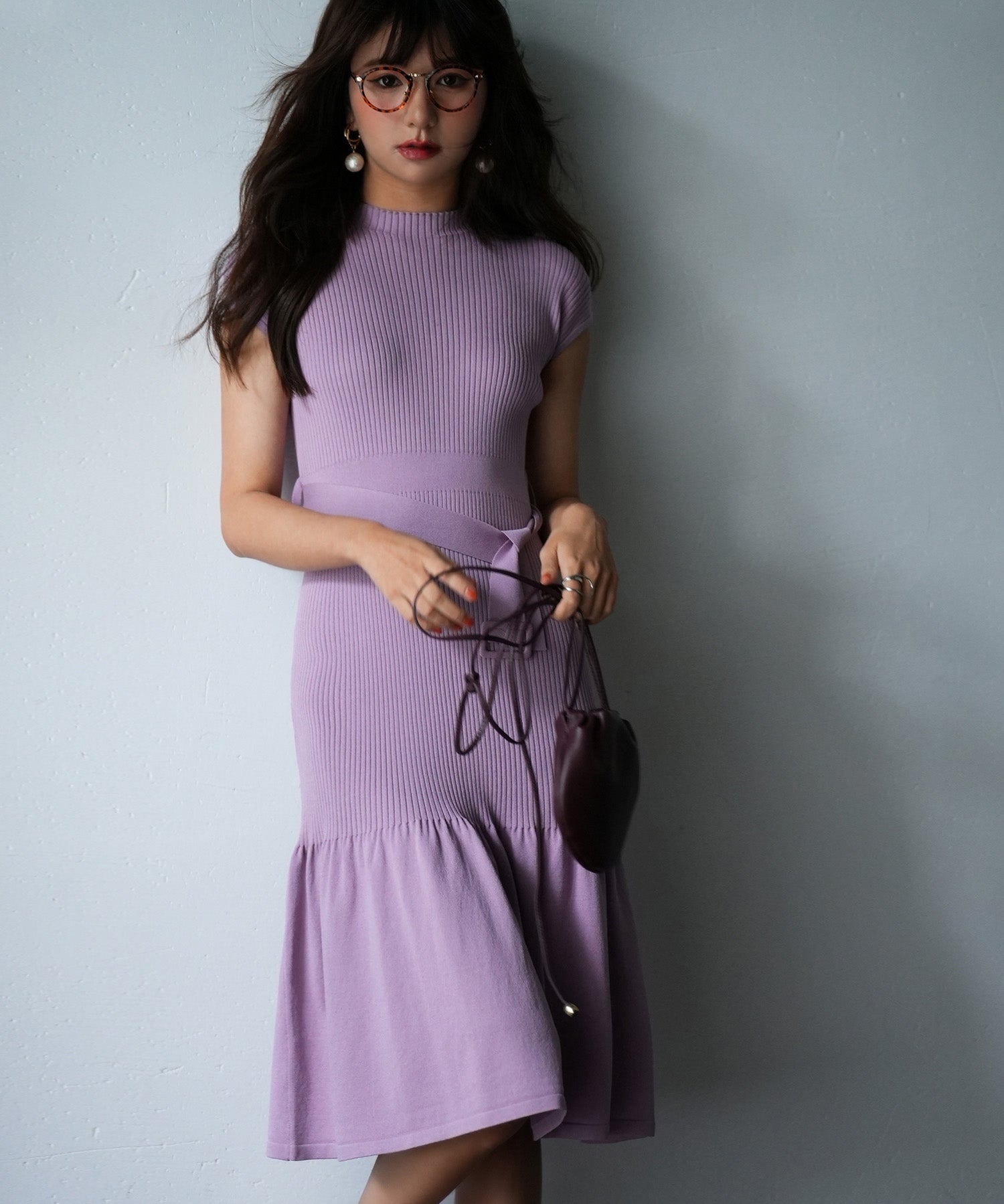 ベルト付きマーメイドニットワンピースsdpxyf2819 ラベンダー