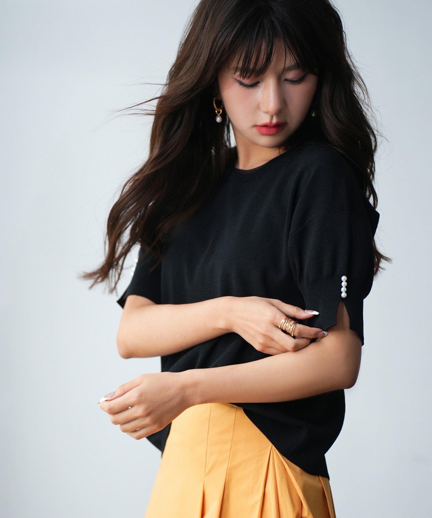 袖口スリットドロップショルダーニットsdpxyf2841 ブラック