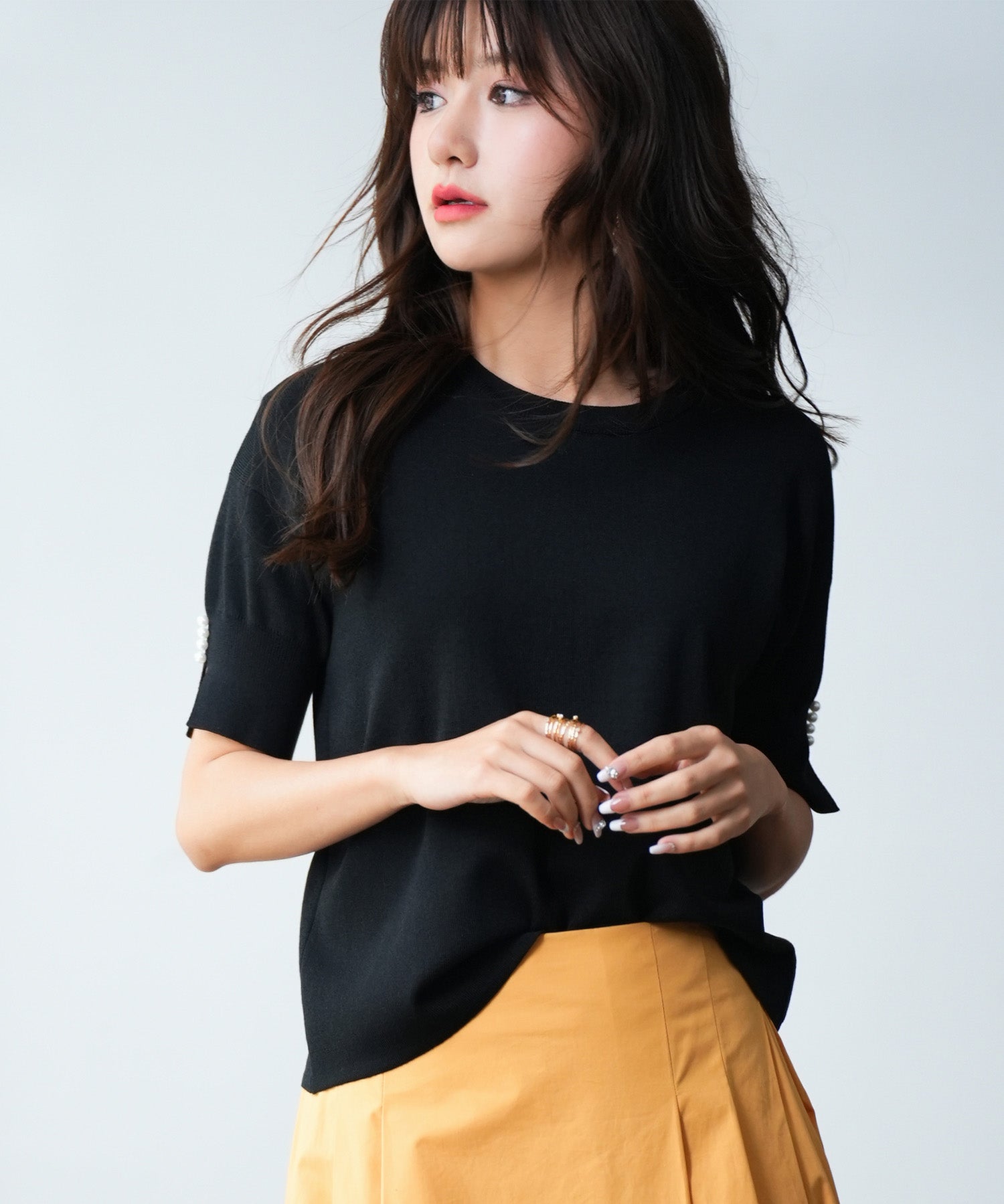 袖口スリットドロップショルダーニットsdpxyf2841 ブラック