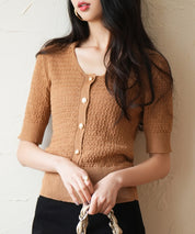 ケーブル編み深めクルーネックサマーニットsdpxyf2857 ブラウン