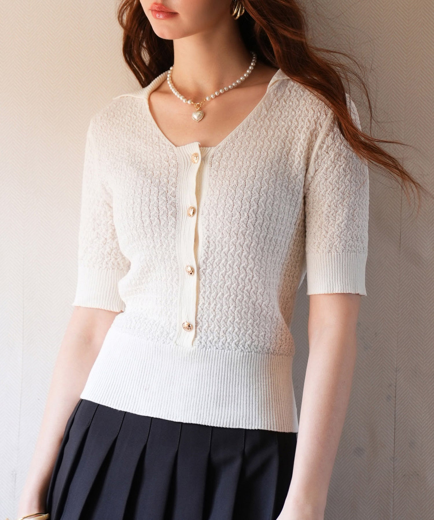 ケーブル編み深めクルーネックサマーニットsdpxyf2857 ホワイト