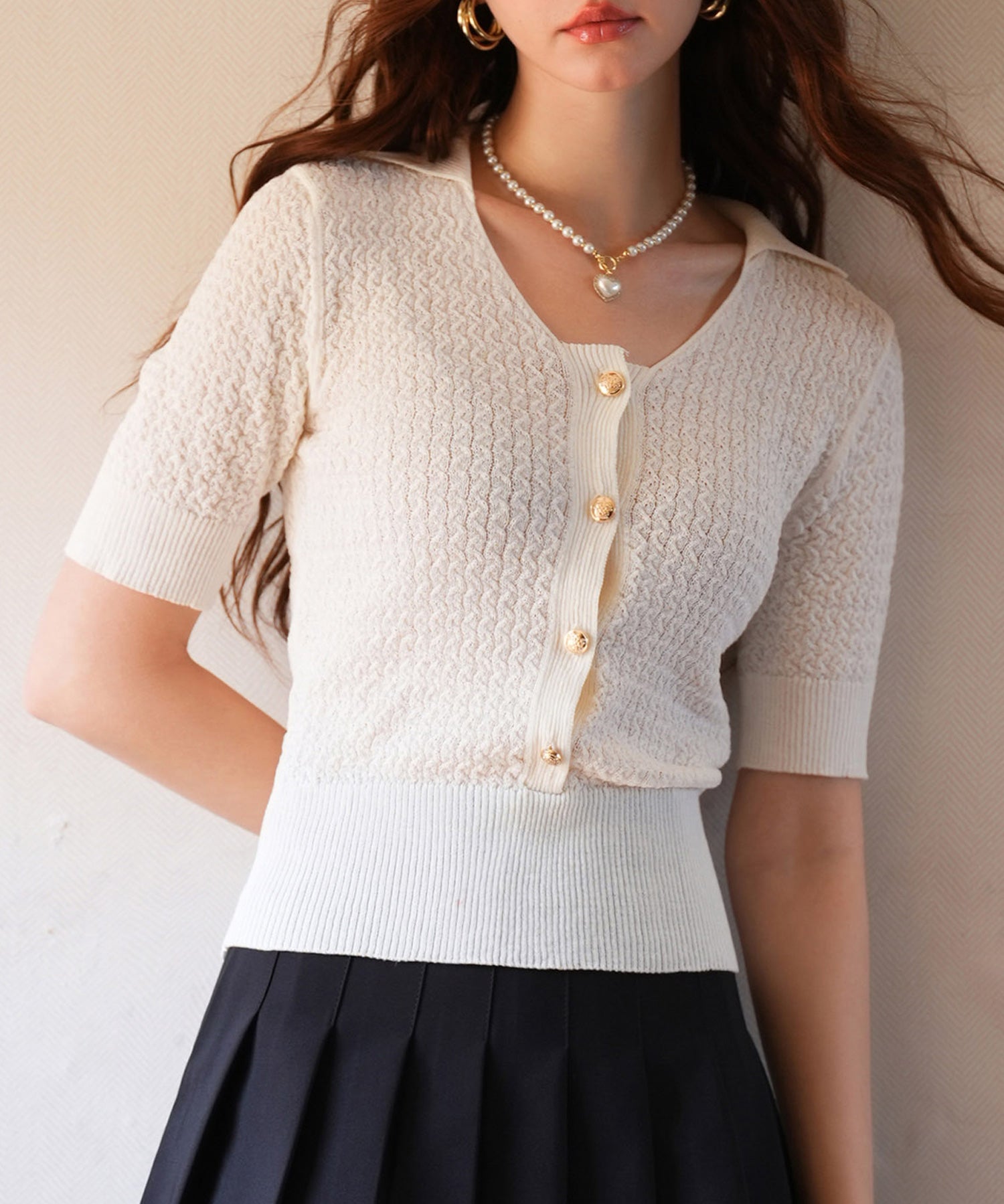 ケーブル編み深めクルーネックサマーニットsdpxyf2857 ホワイト