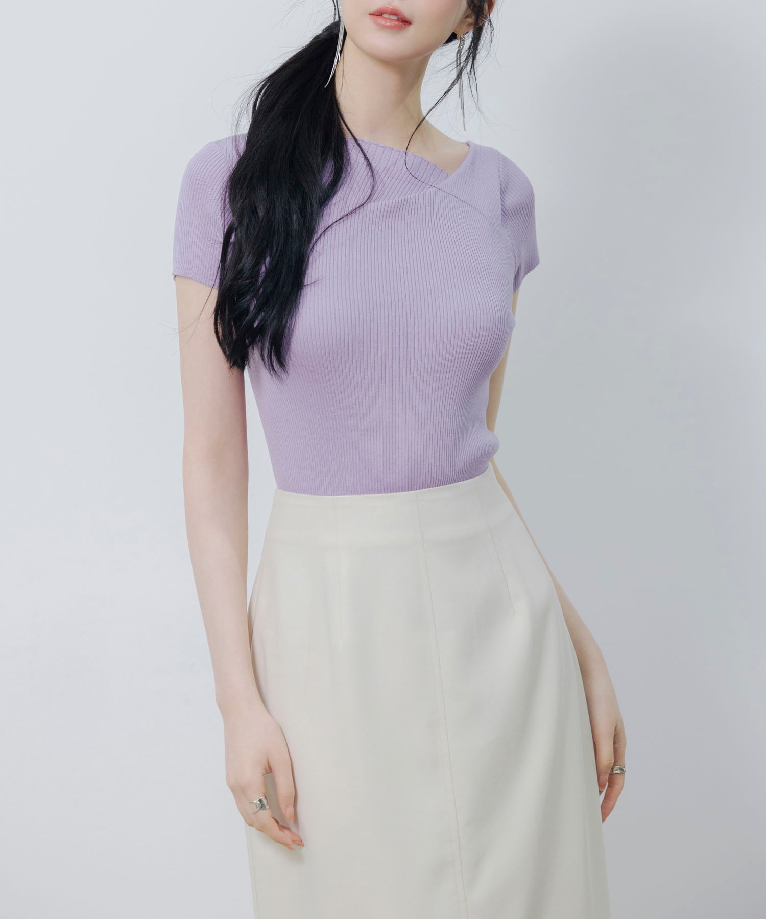 【サマーニット】レギュラーネックリブニットsdpxyf2859 ラベンダー