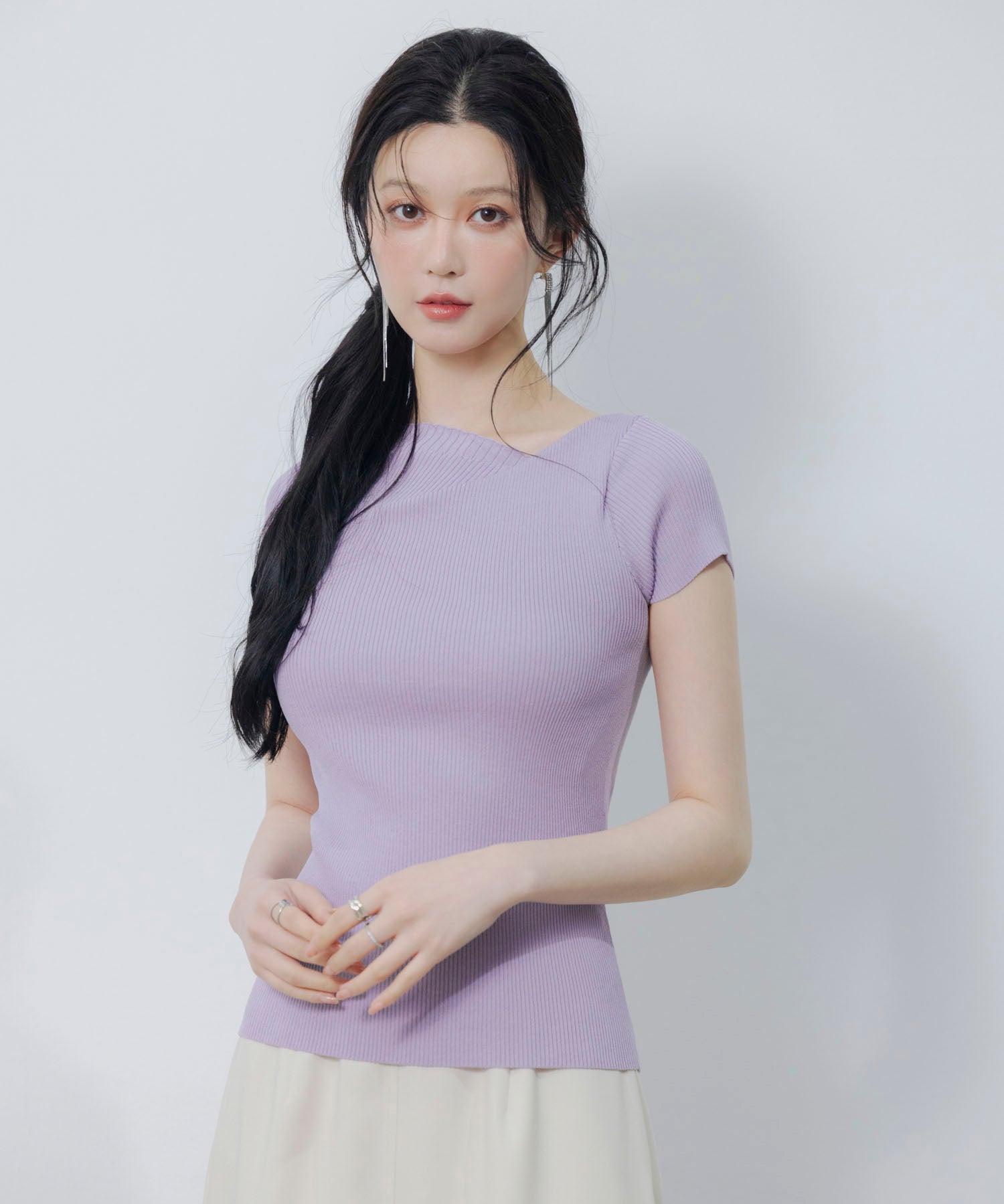 【サマーニット】レギュラーネックリブニットsdpxyf2859 ラベンダー