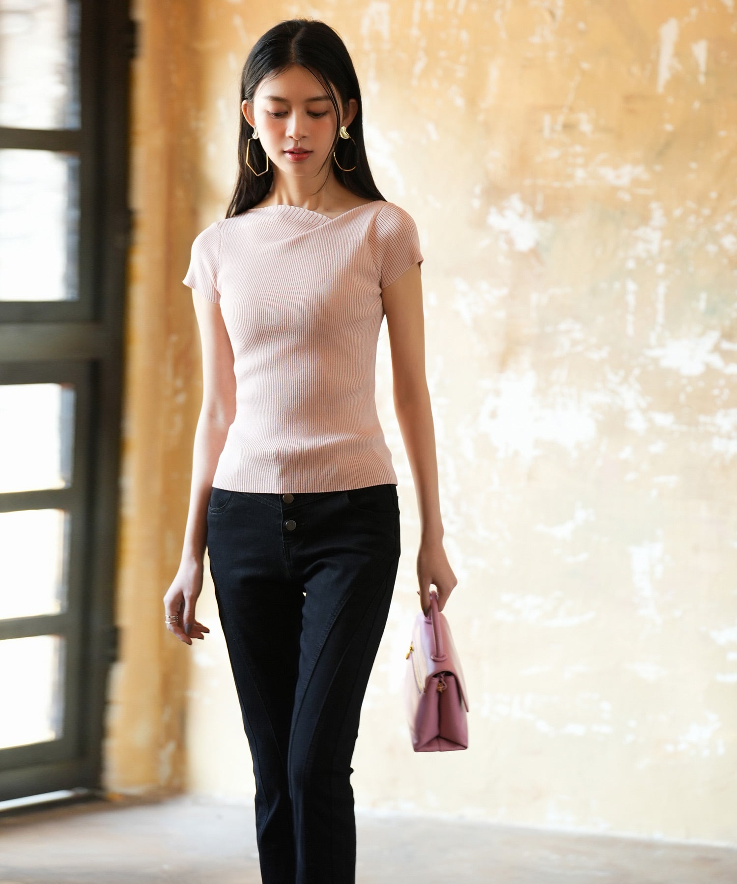 【サマーニット】レギュラーネックリブニットsdpxyf2859 ピンク