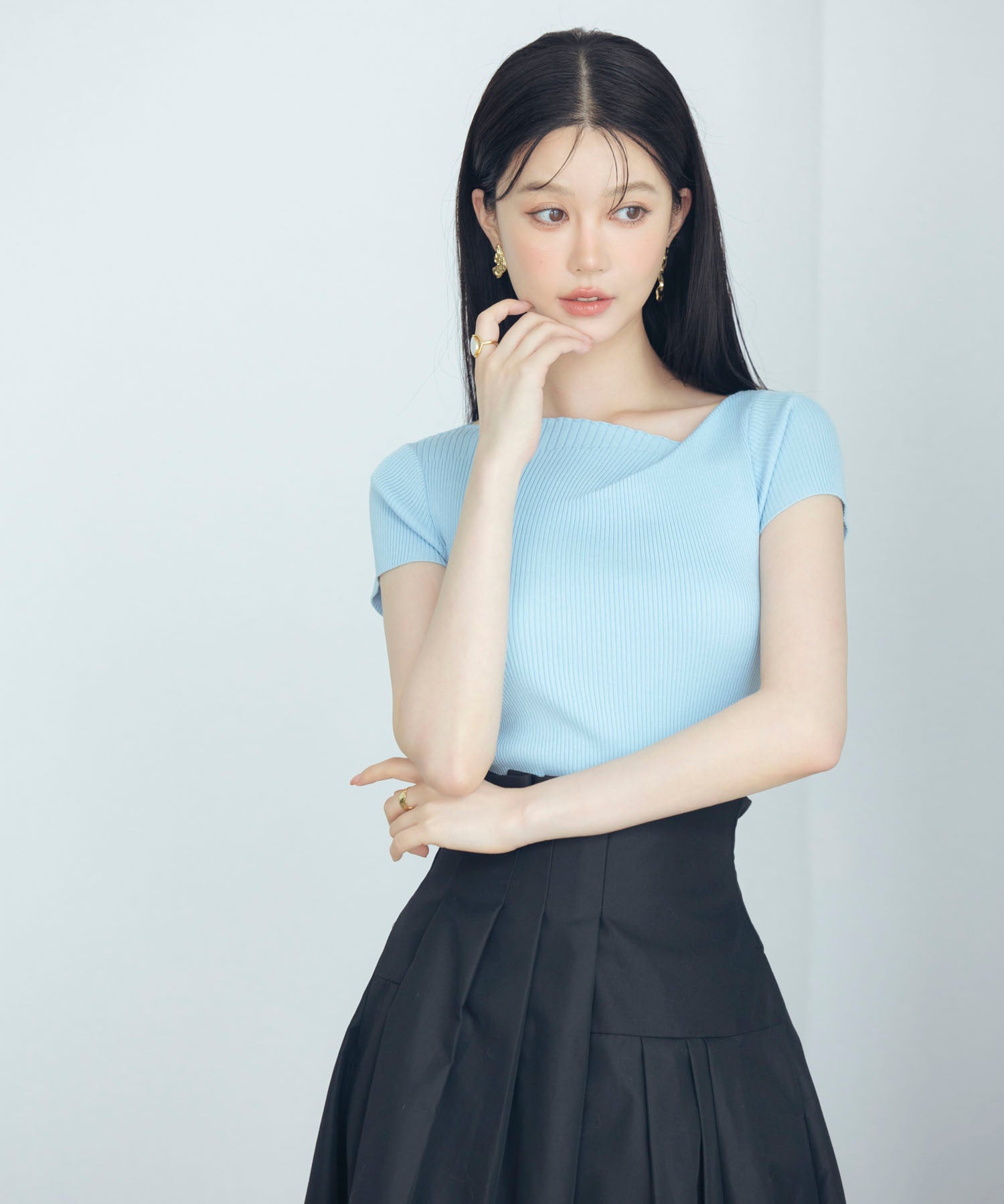 【サマーニット】レギュラーネックリブニットsdpxyf2859 ブルー