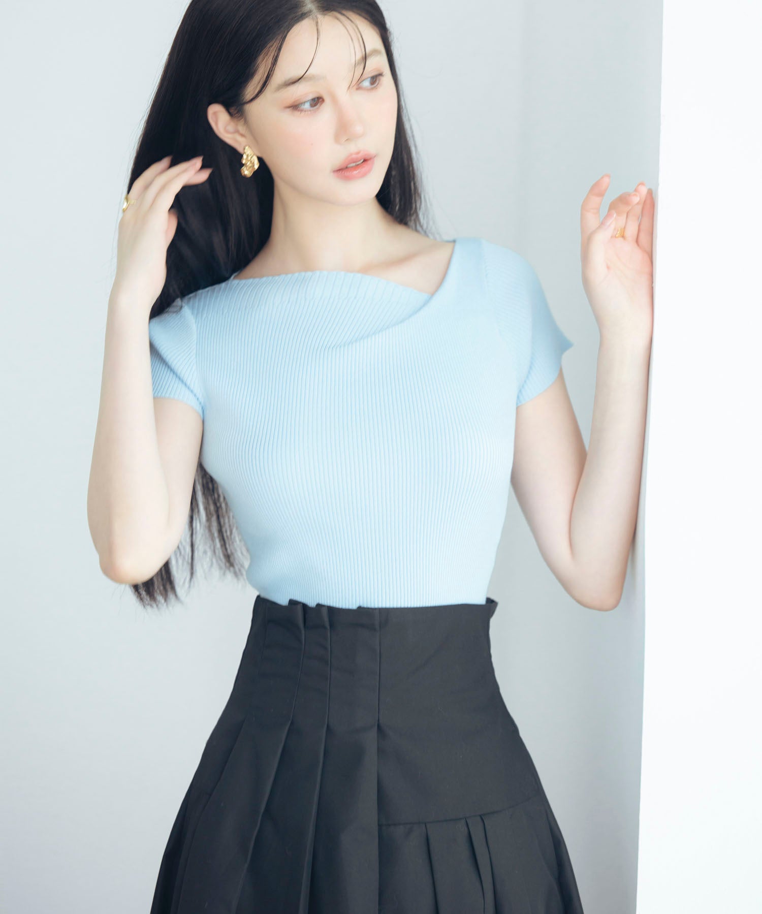 【サマーニット】レギュラーネックリブニットsdpxyf2859 ブルー