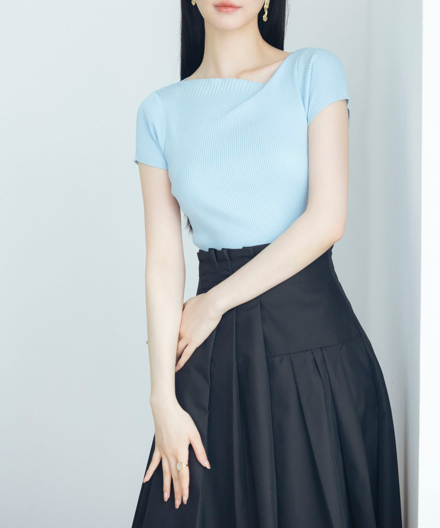 【サマーニット】レギュラーネックリブニットsdpxyf2859 ブルー