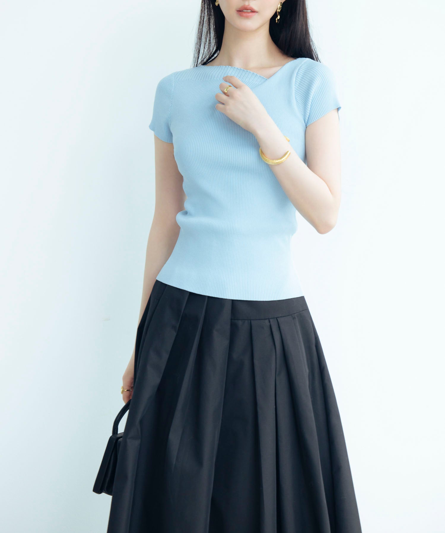 【サマーニット】レギュラーネックリブニットsdpxyf2859 ブルー