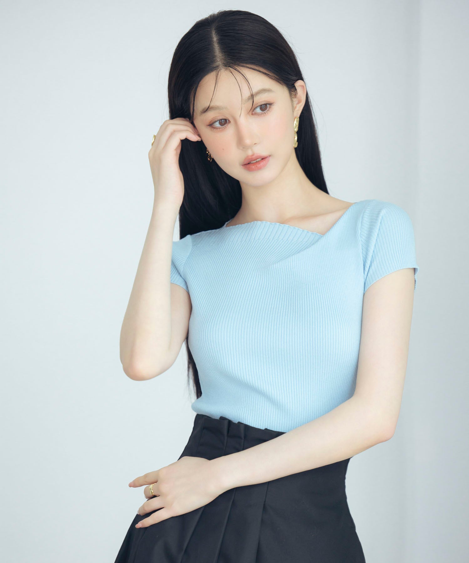 【サマーニット】レギュラーネックリブニットsdpxyf2859 ブルー