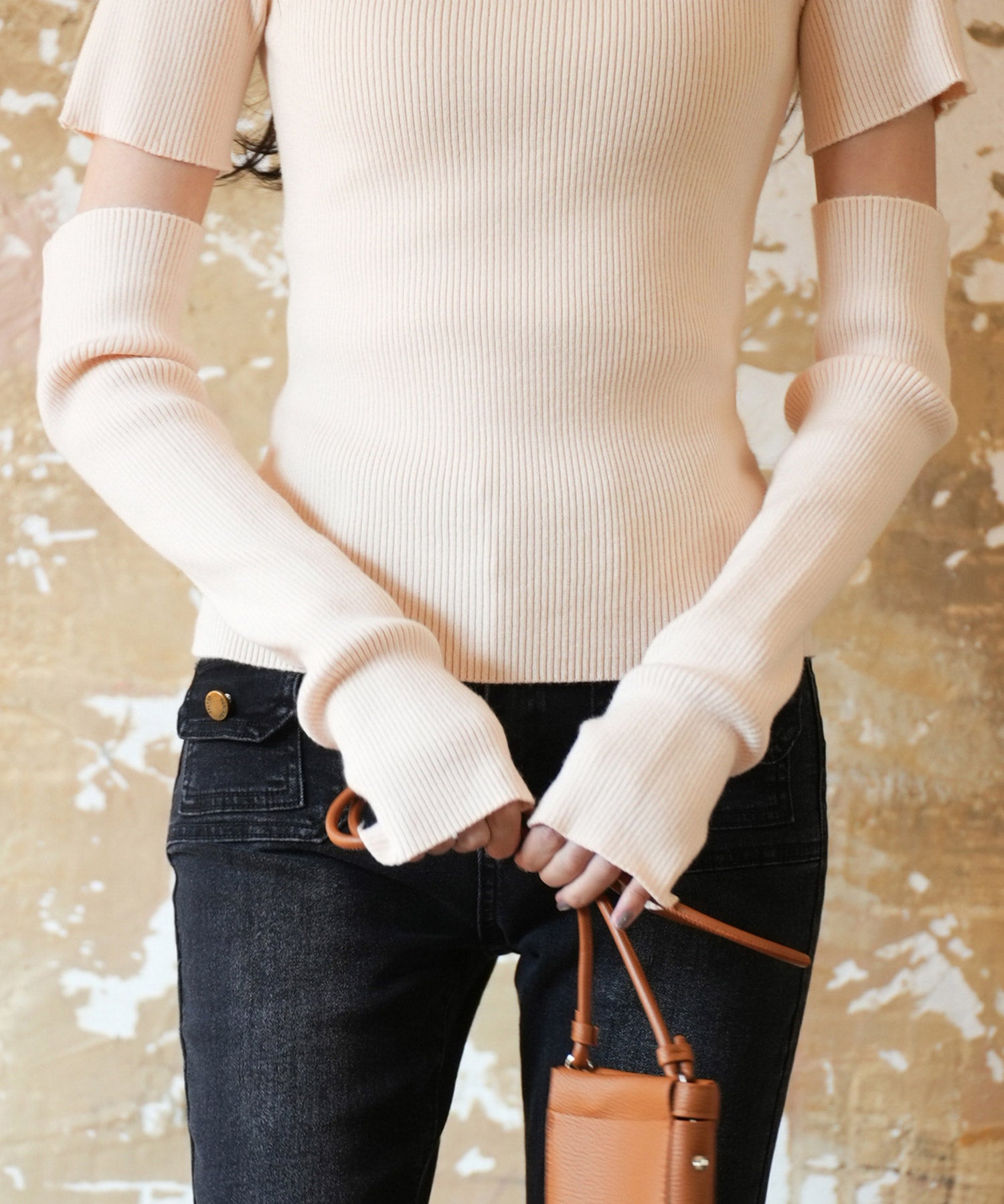 アームウォーマー付き3wayレギュラーネックリブプルオーバーsdpxyf2860 アイボリー