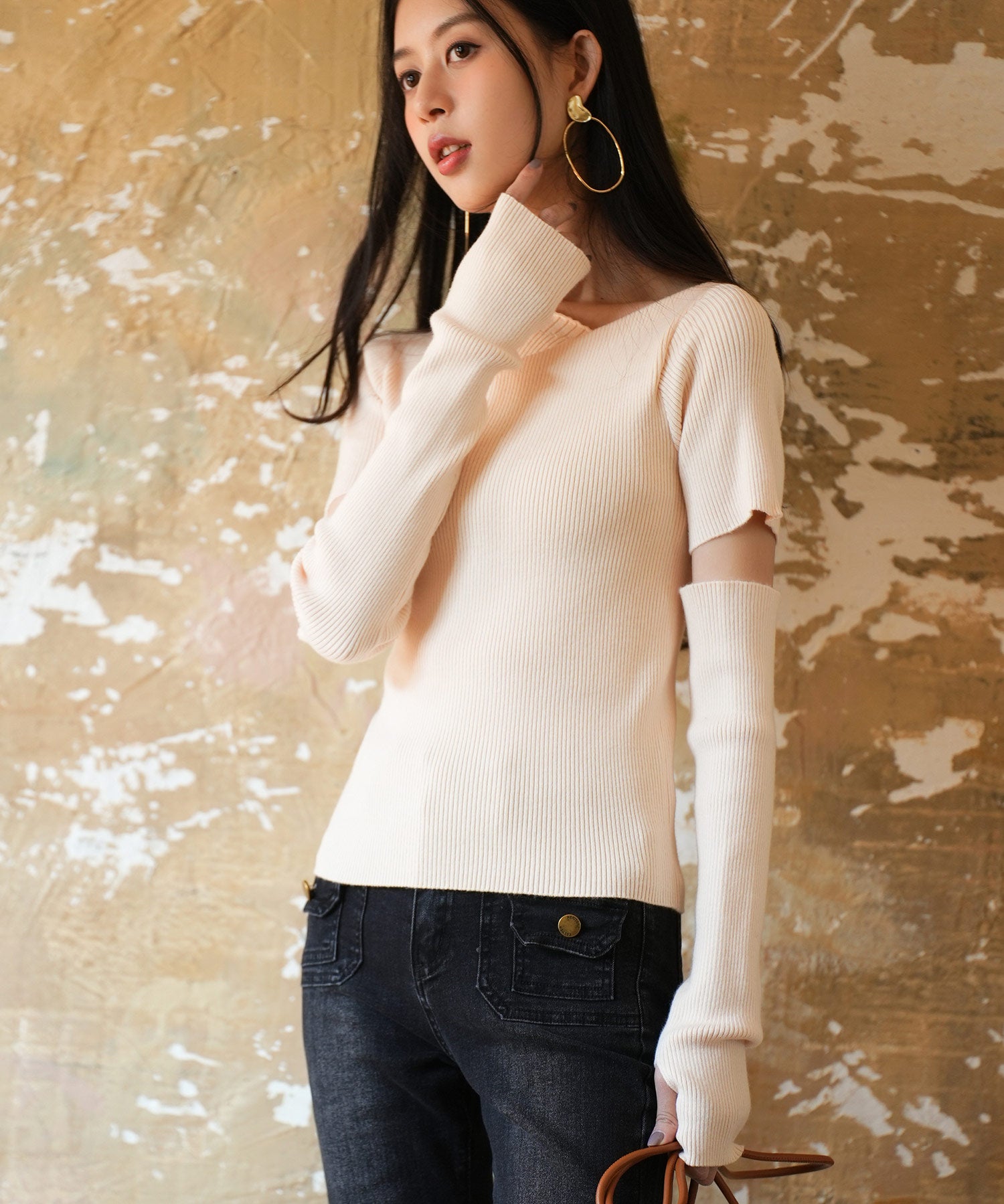 アームウォーマー付き3wayレギュラーネックリブプルオーバーsdpxyf2860 アイボリー