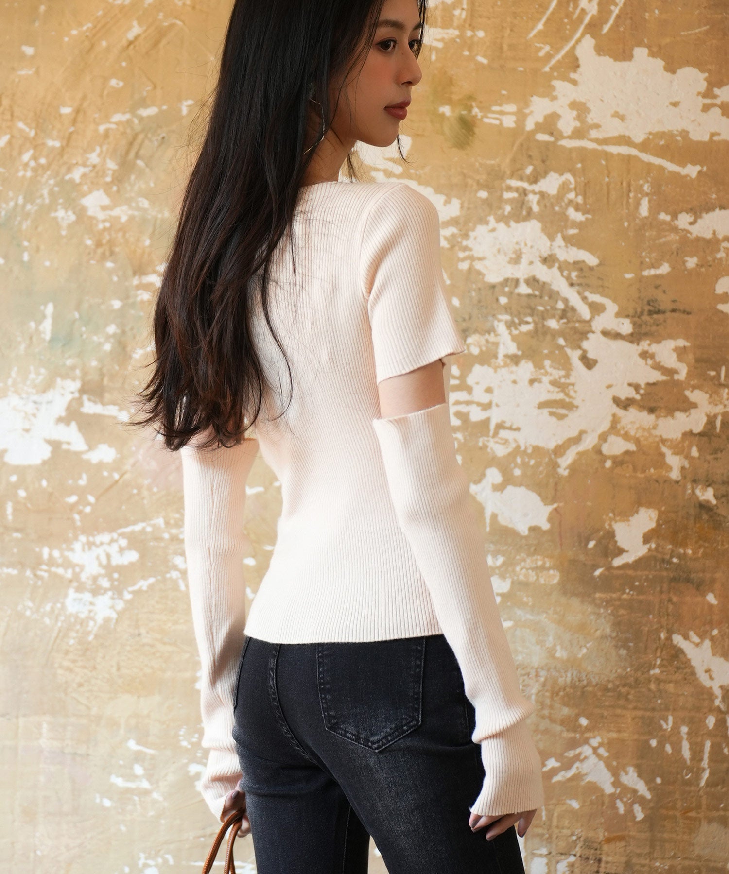 アームウォーマー付き3wayレギュラーネックリブプルオーバーsdpxyf2860 アイボリー