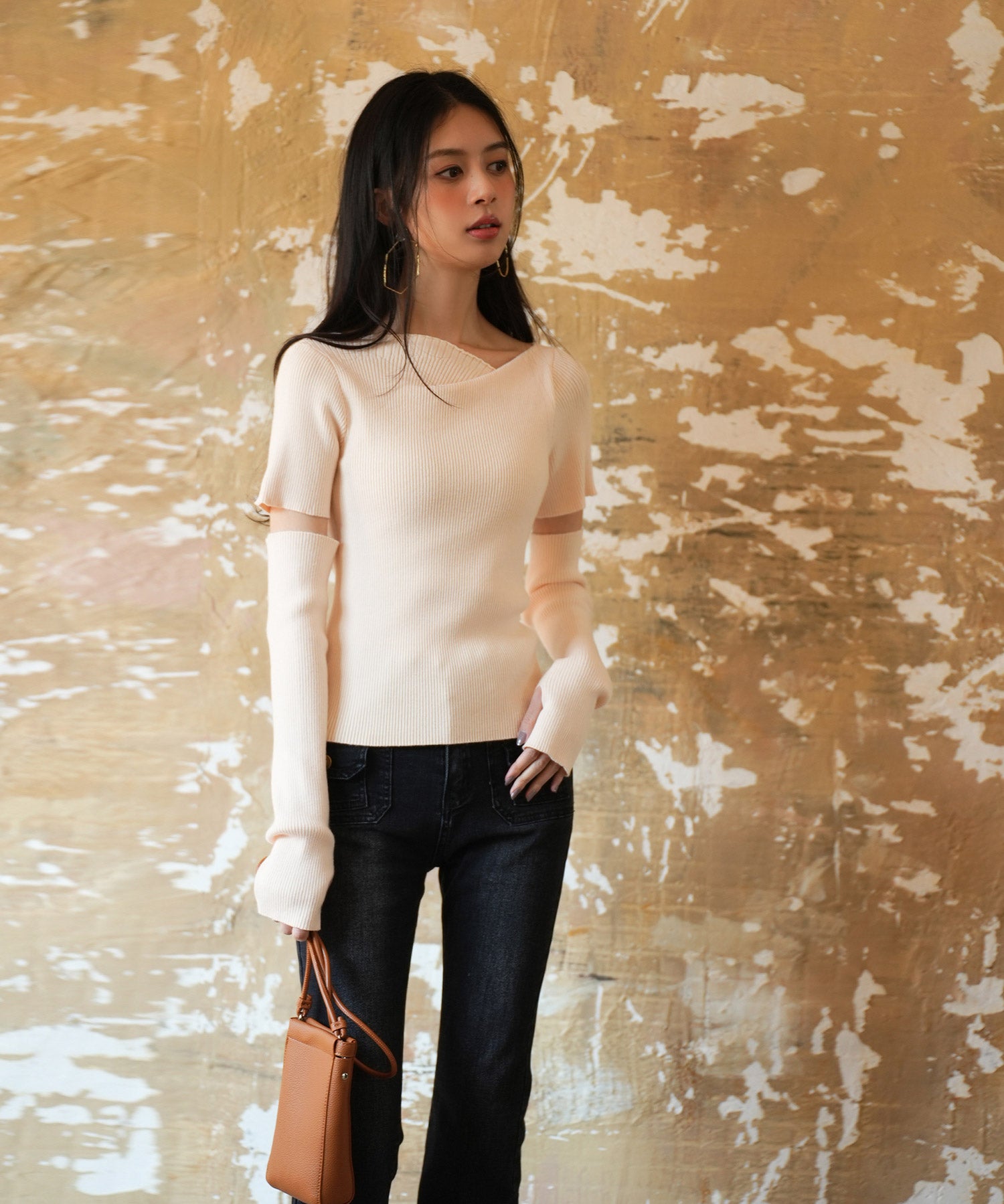 アームウォーマー付き3wayレギュラーネックリブプルオーバーsdpxyf2860 アイボリー