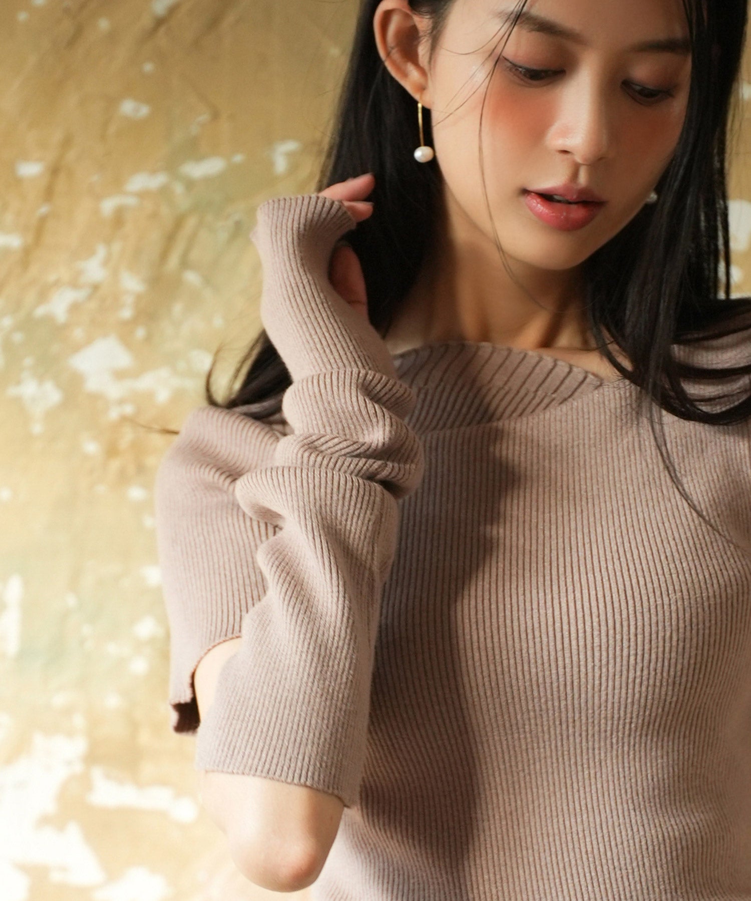 アームウォーマー付き3wayレギュラーネックリブプルオーバーsdpxyf2860 モカ