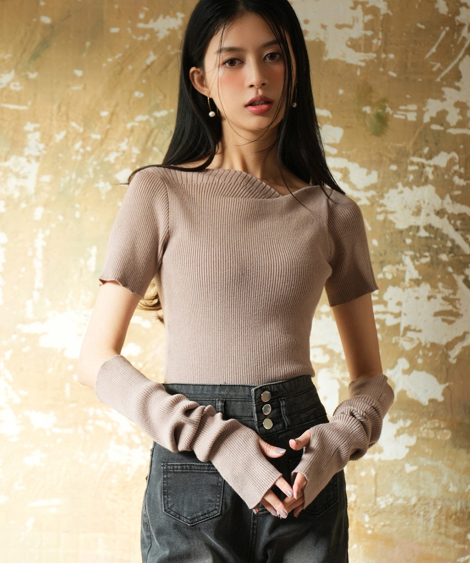 アームウォーマー付き3wayレギュラーネックリブプルオーバーsdpxyf2860 モカ