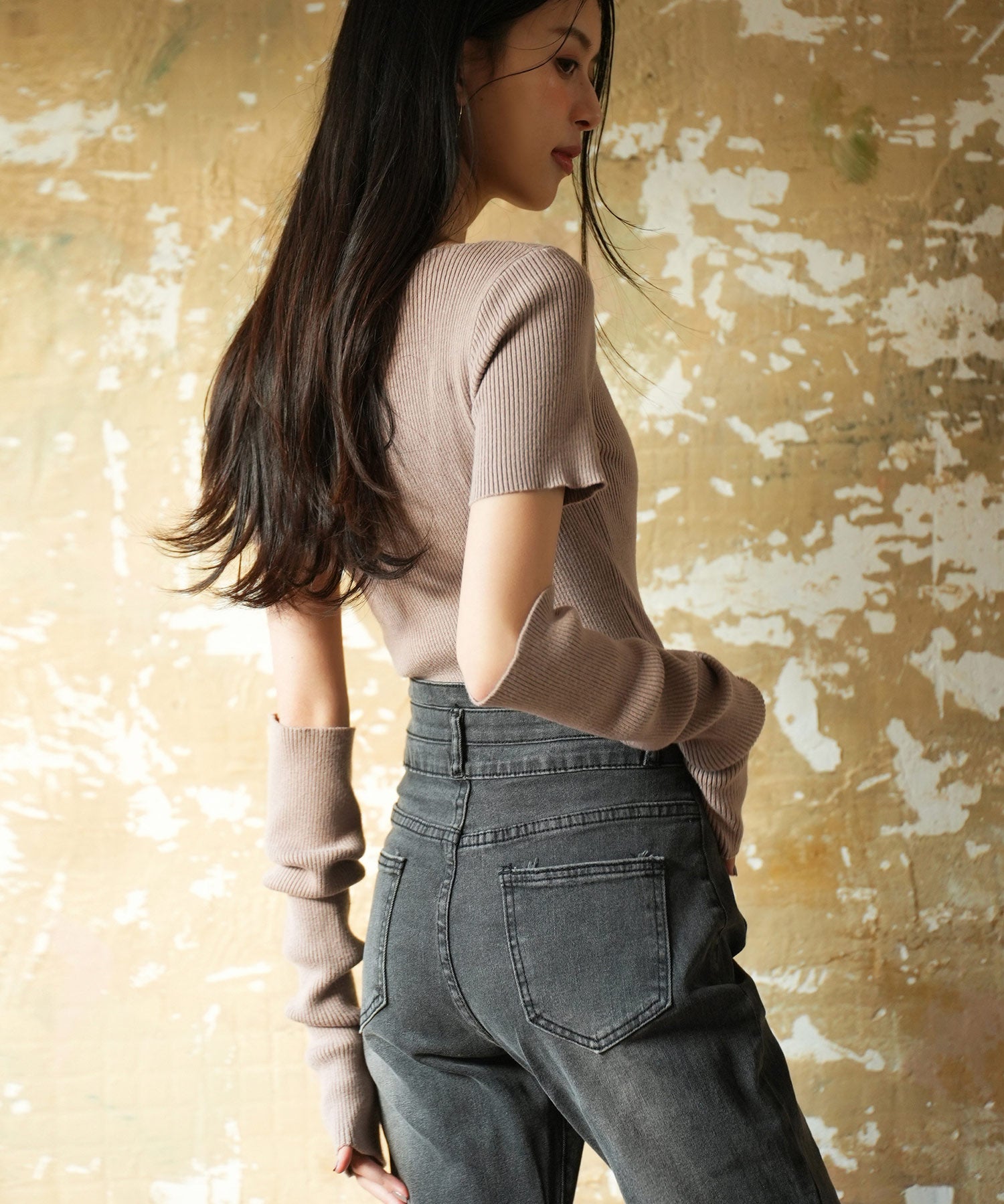 アームウォーマー付き3wayレギュラーネックリブプルオーバーsdpxyf2860 モカ