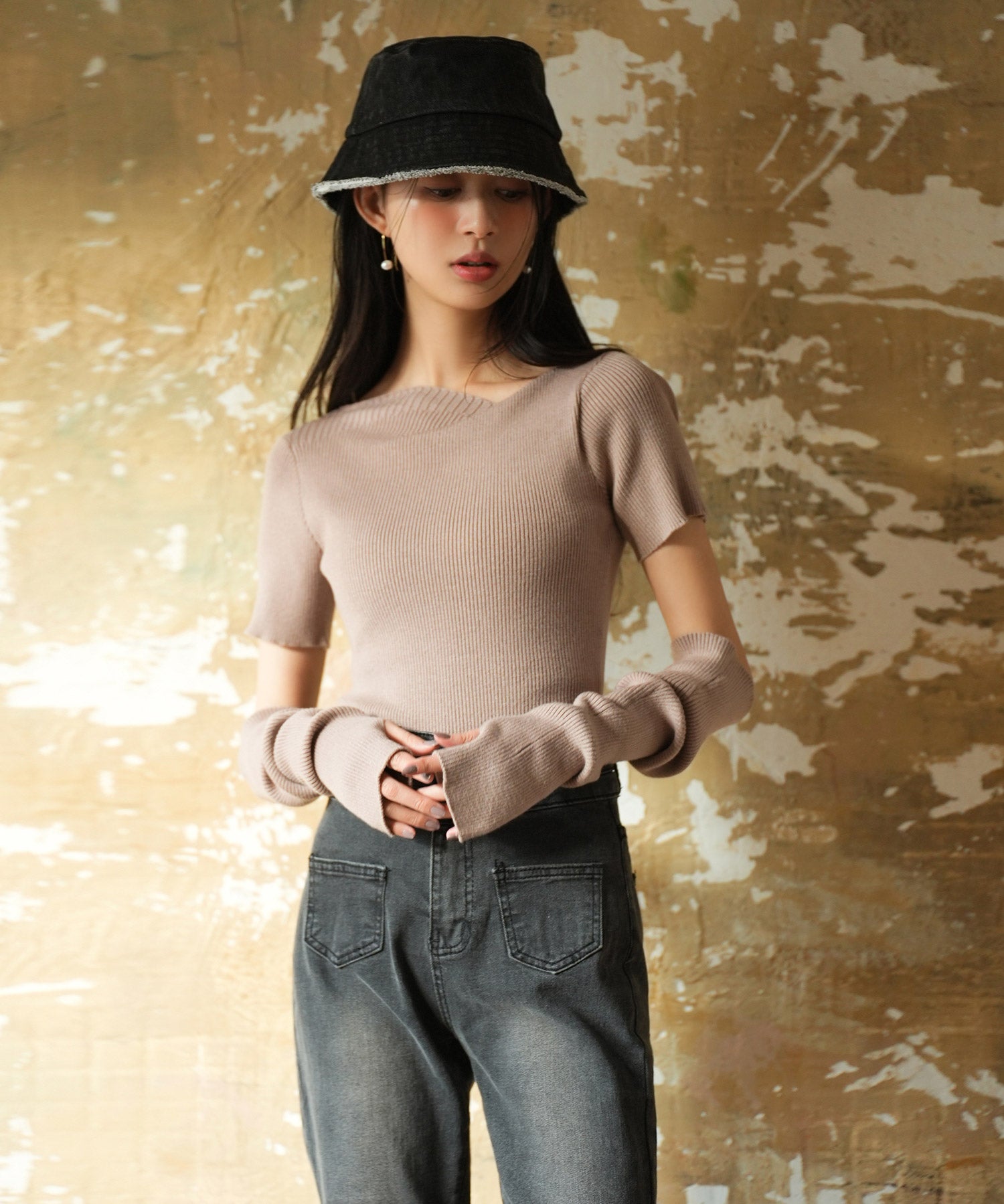 アームウォーマー付き3wayレギュラーネックリブプルオーバーsdpxyf2860 モカ