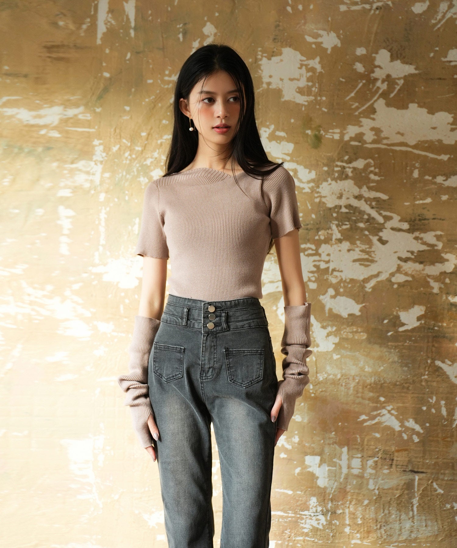 アームウォーマー付き3wayレギュラーネックリブプルオーバーsdpxyf2860 モカ