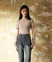 アームウォーマー付き3wayレギュラーネックリブプルオーバーsdpxyf2860 モカ