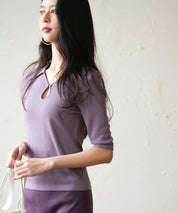 【接触冷感】ポロネック五分袖ニットプルオーバーsdpxyf2861 パープル