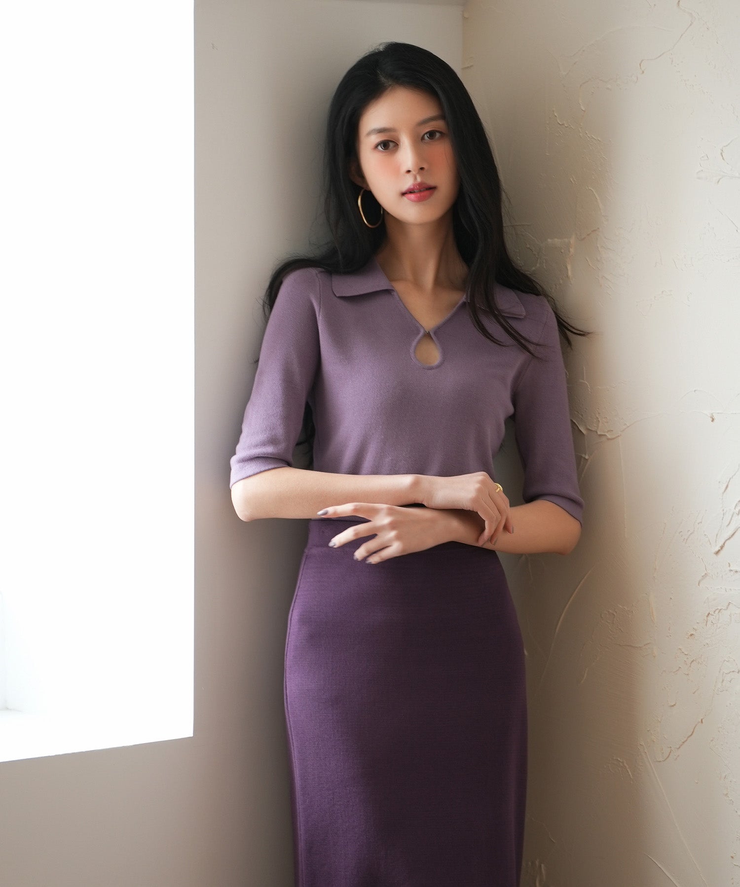 【接触冷感】ポロネック五分袖ニットプルオーバーsdpxyf2861 パープル