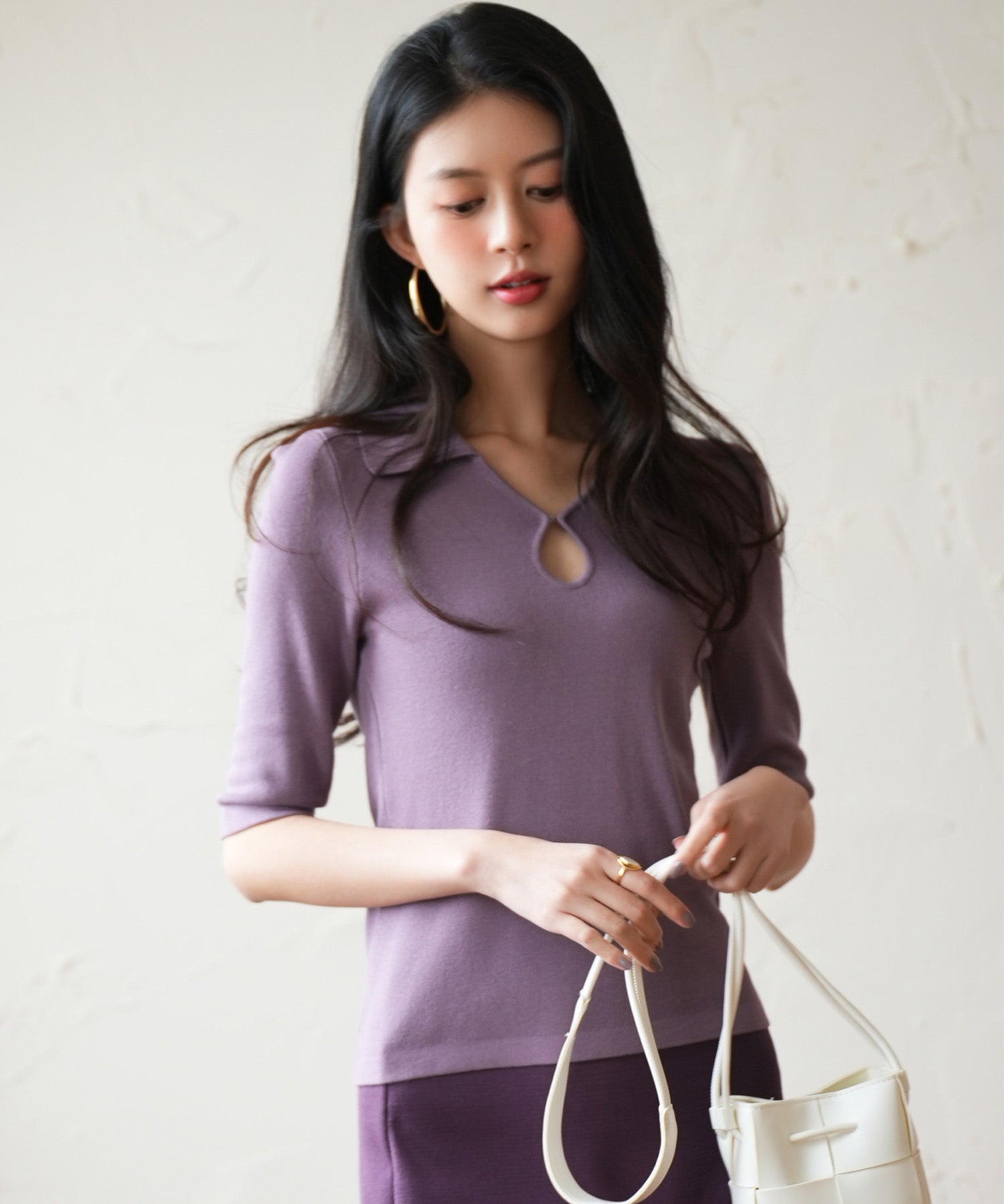 【接触冷感】ポロネック五分袖ニットプルオーバーsdpxyf2861 パープル