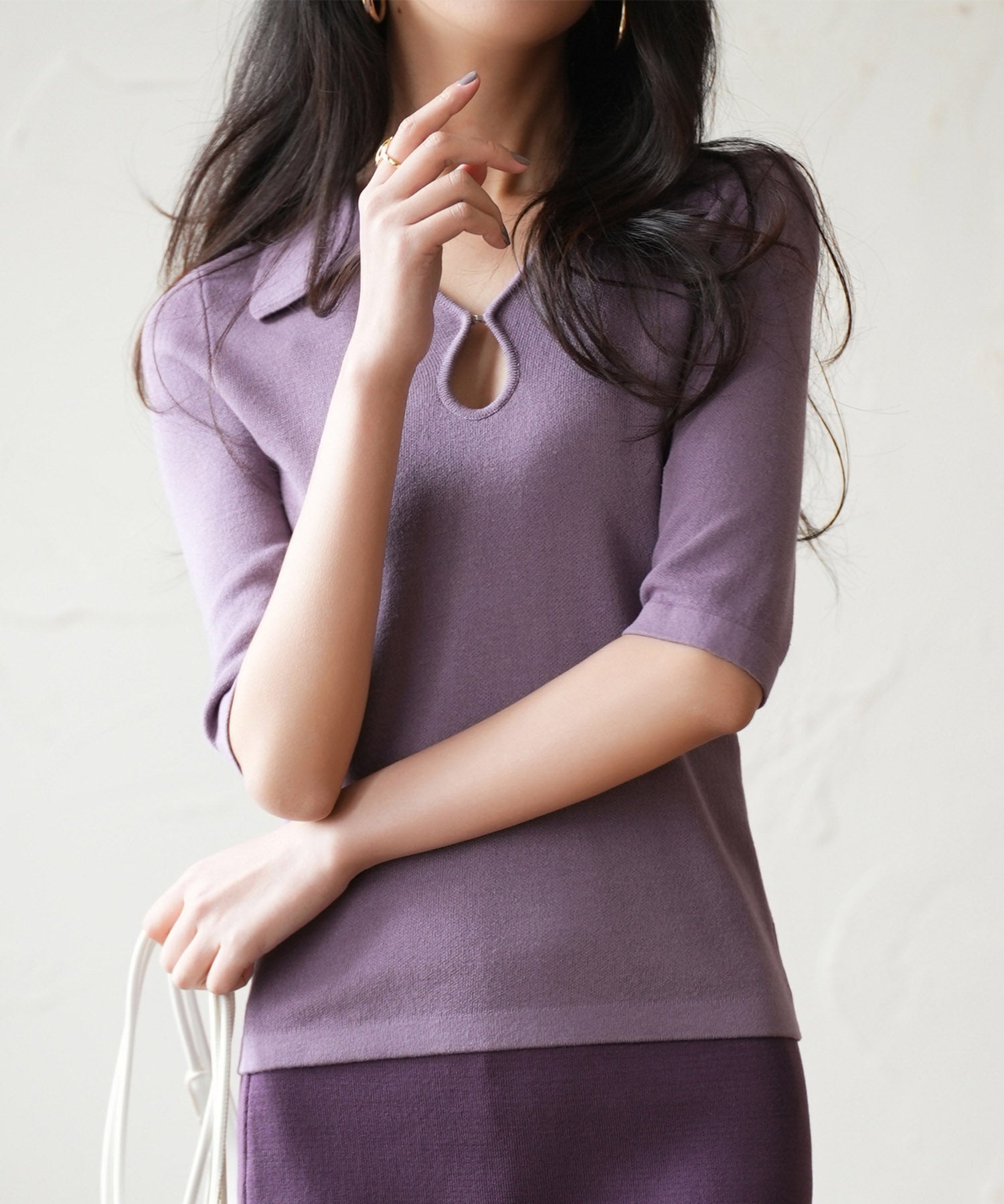 【接触冷感】ポロネック五分袖ニットプルオーバーsdpxyf2861 パープル