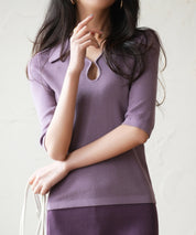 【接触冷感】ポロネック五分袖ニットプルオーバーsdpxyf2861 パープル