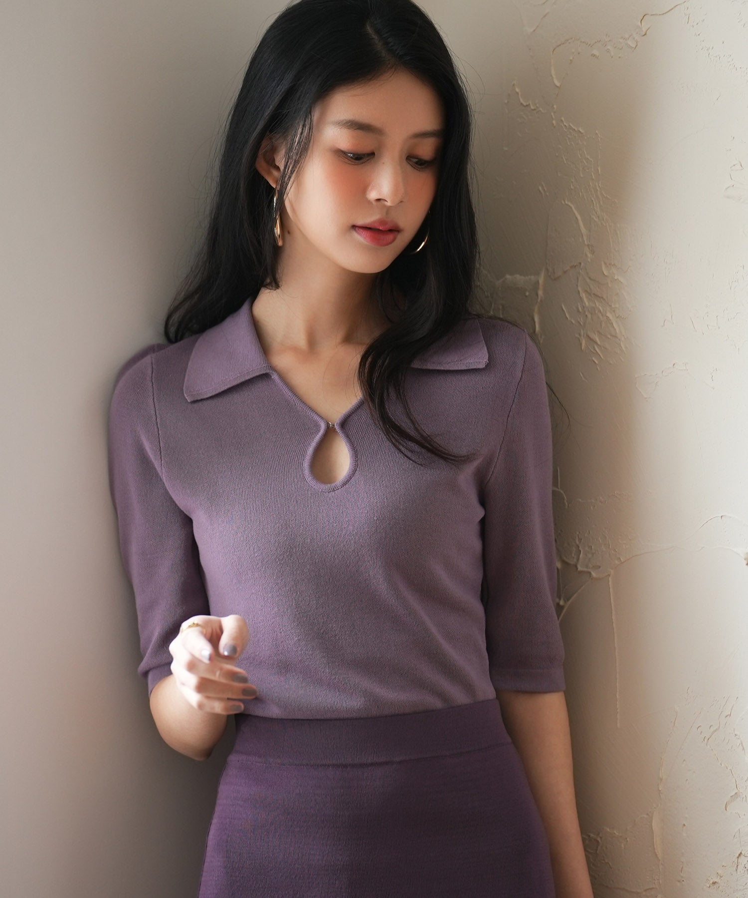 【接触冷感】ポロネック五分袖ニットプルオーバーsdpxyf2861 パープル
