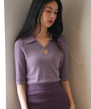 【接触冷感】ポロネック五分袖ニットプルオーバーsdpxyf2861 パープル