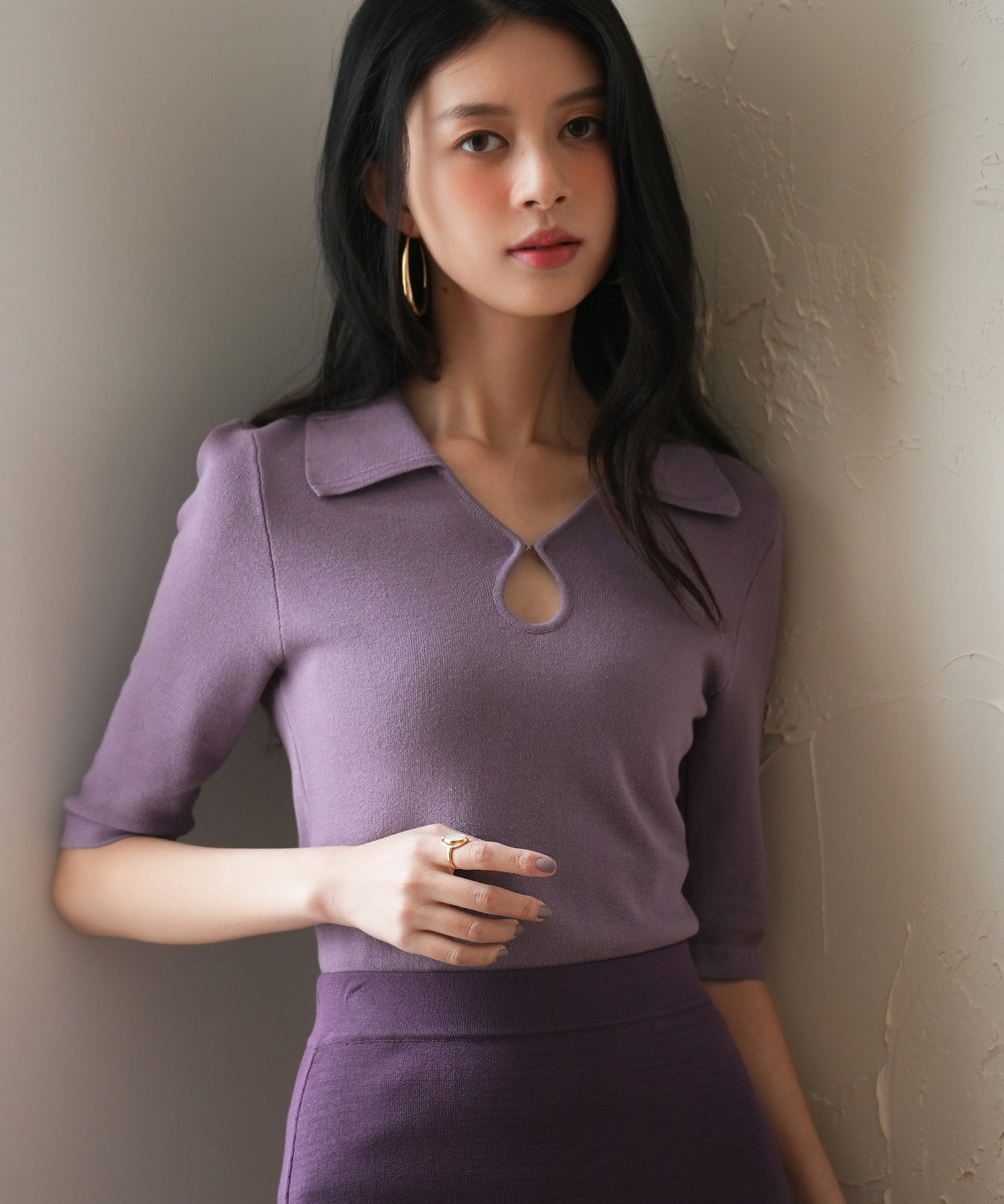 【接触冷感】ポロネック五分袖ニットプルオーバーsdpxyf2861 パープル