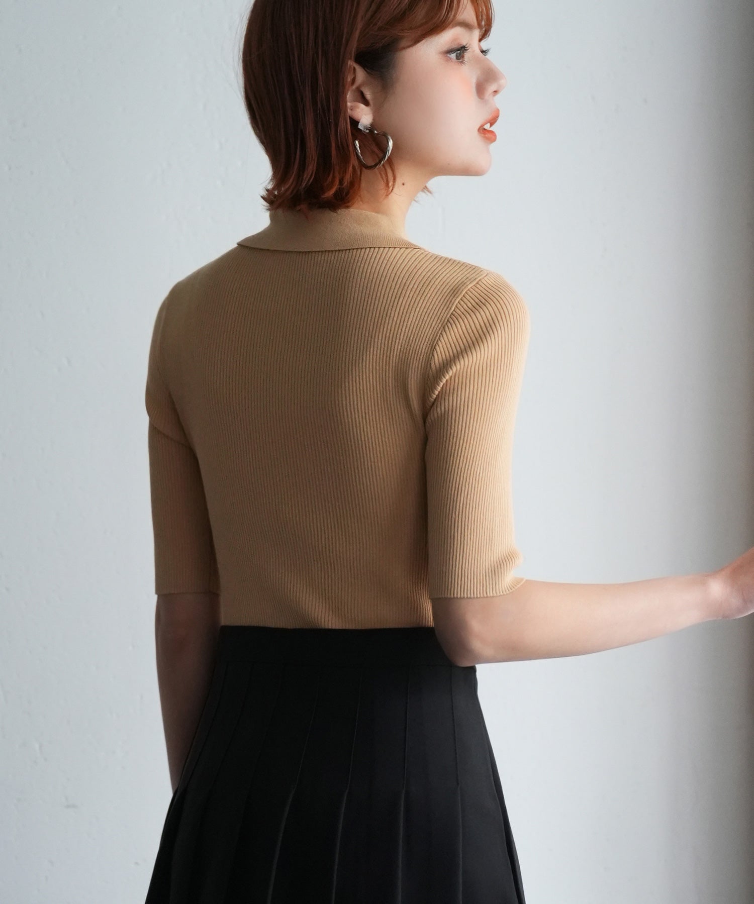 フロントカットアウト襟付き半袖ニットsdpxyf2862 ベージュ