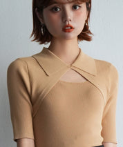 フロントカットアウト襟付き半袖ニットsdpxyf2862 ベージュ