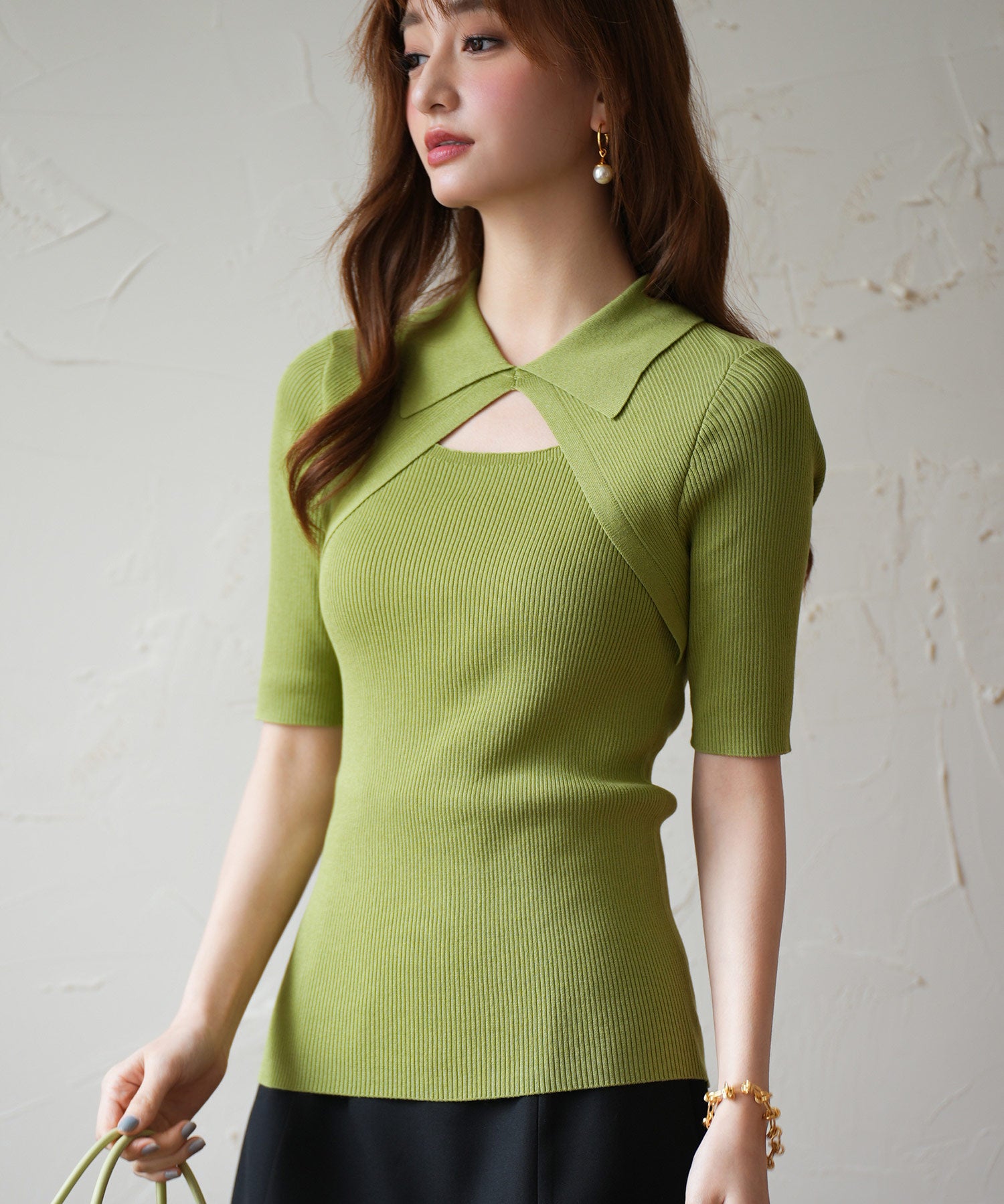 フロントカットアウト襟付き半袖ニットsdpxyf2862 グリーン