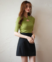 フロントカットアウト襟付き半袖ニットsdpxyf2862 グリーン